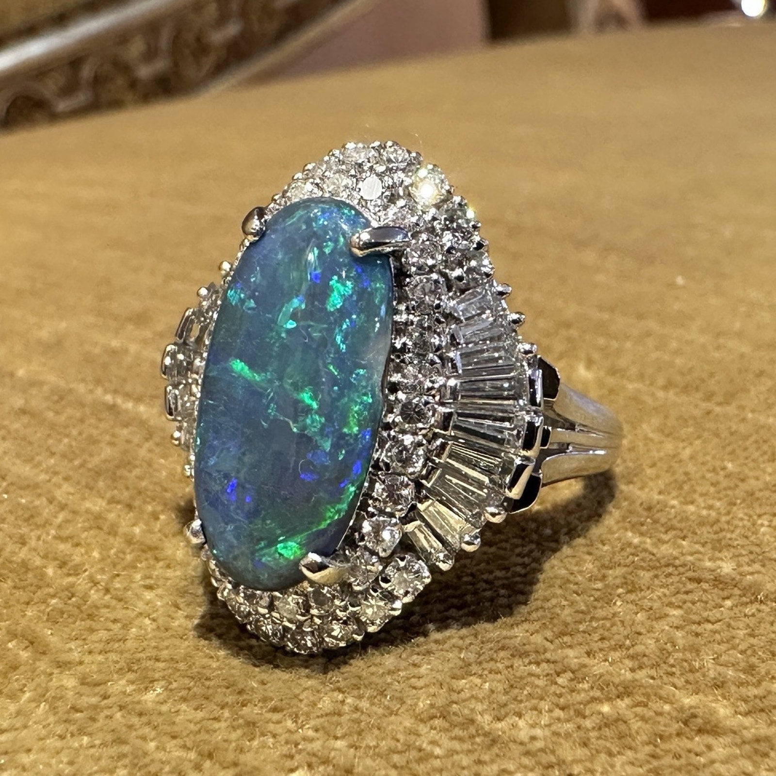 Natural Black Opal 3.77 ct and Diamond Cocktail Ring in Platinum