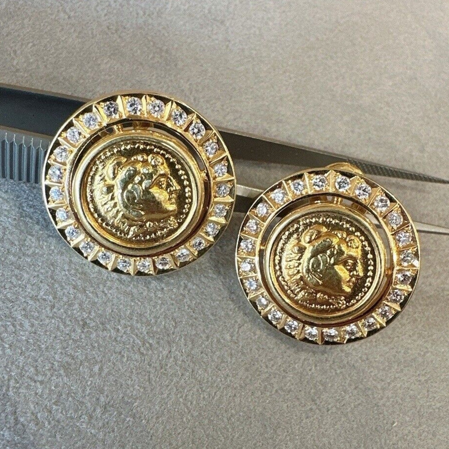 Gold Coin and Diamond Earrings in 18k Yellow Gold
