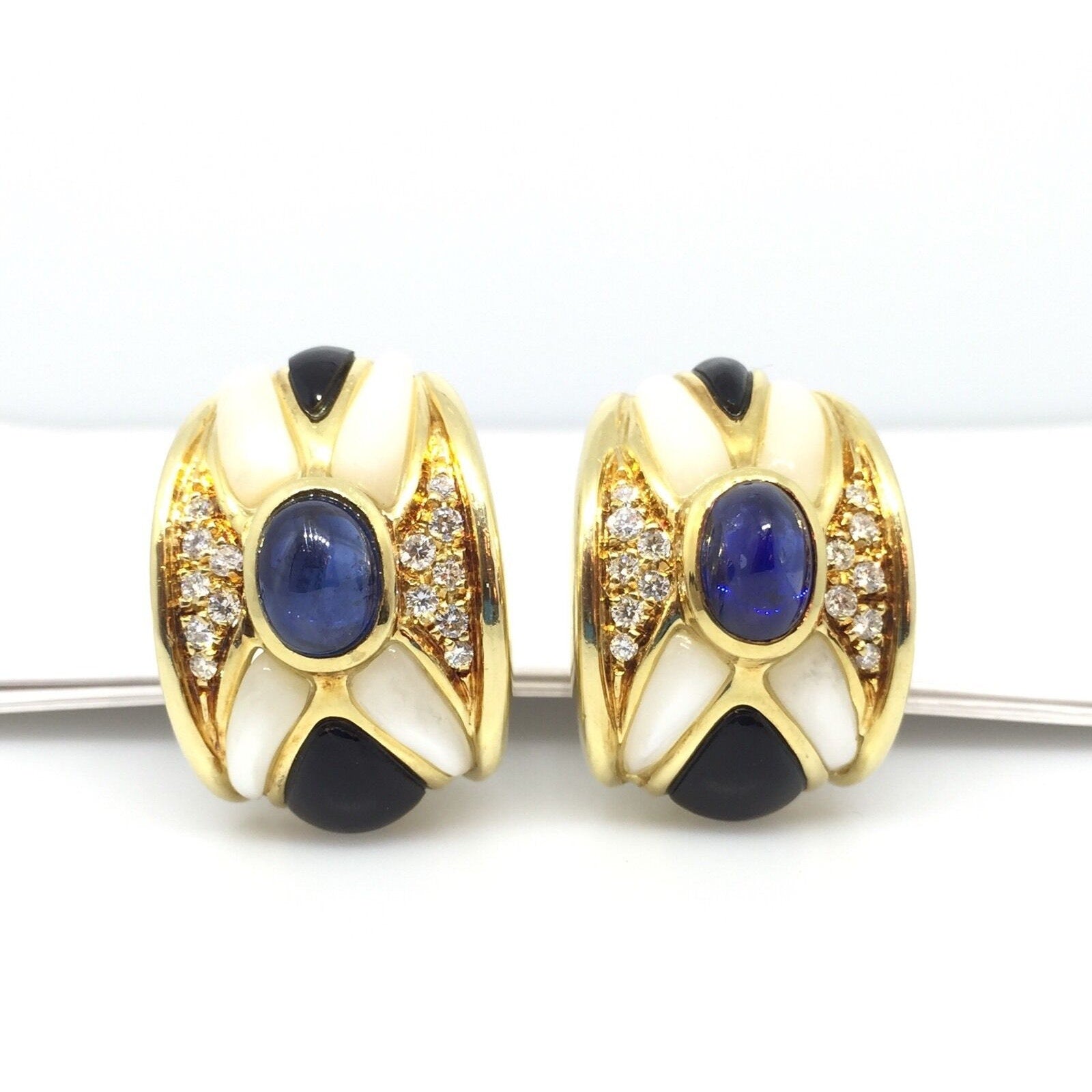 Sapphire, Diamond and Onyx Half Hoop Earrings in 18K Yellow Gold