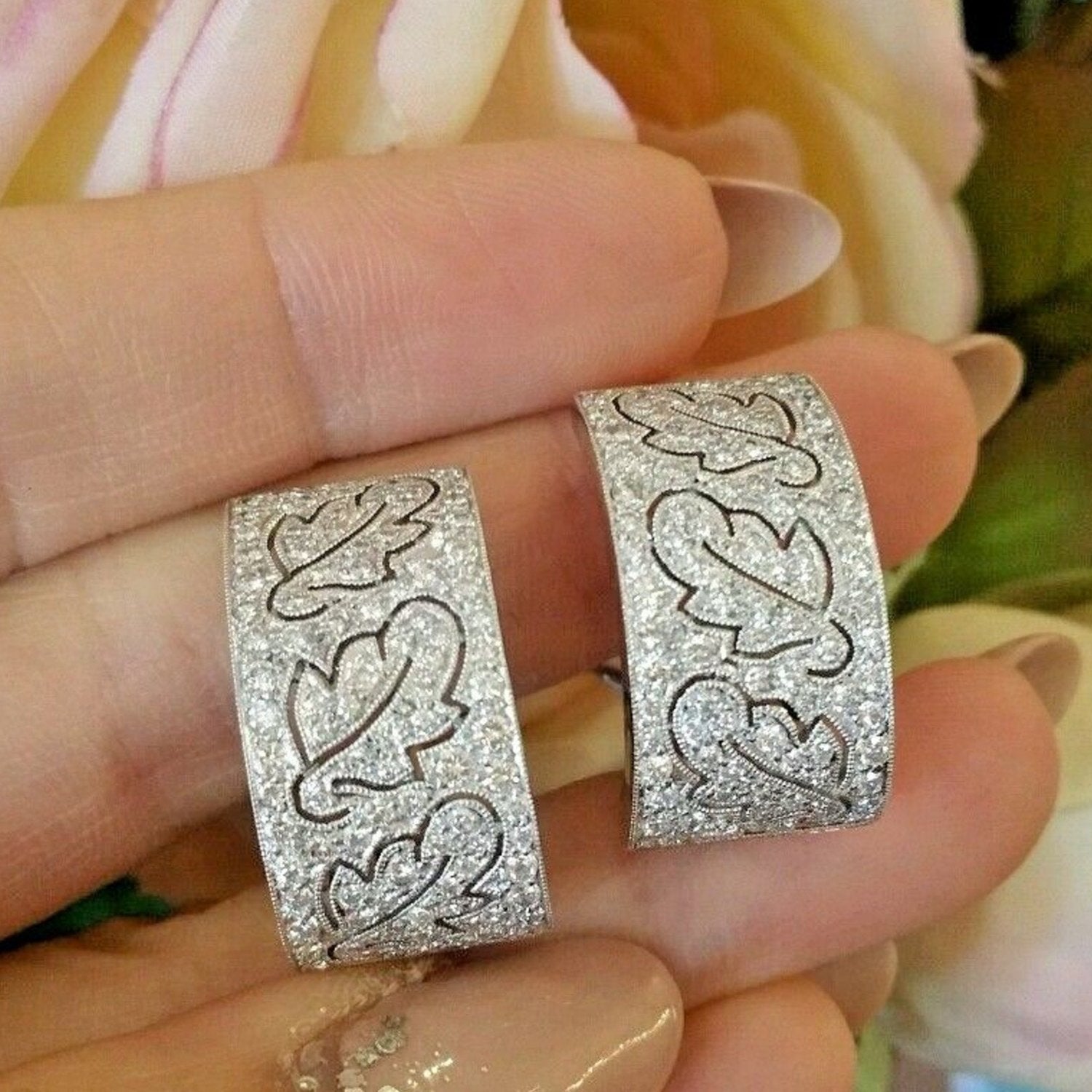 Wide Diamond Hoop Earrings Leaf Design in 18k White Gold