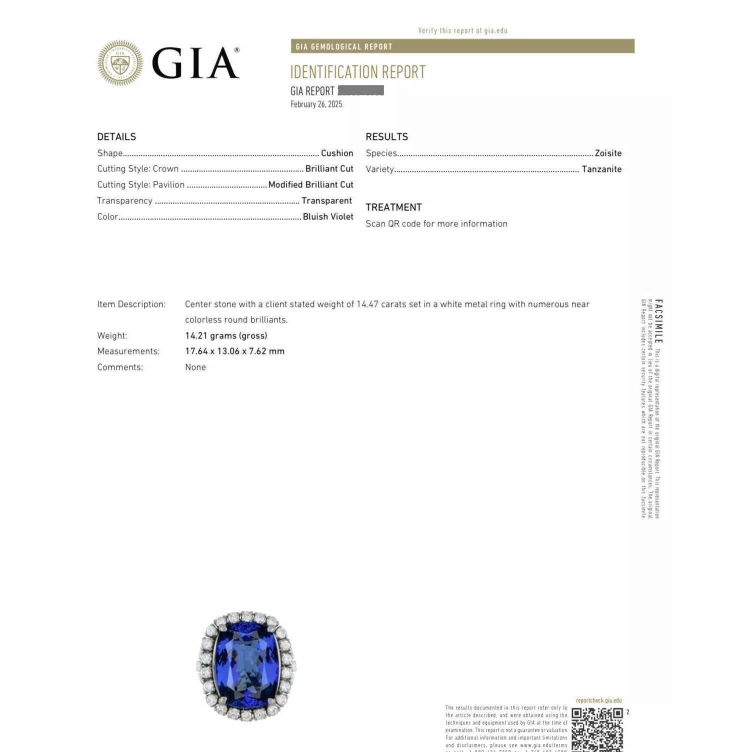 GIA 14.47 ct Tanzanite and Diamond Cocktail Ring in Platinum