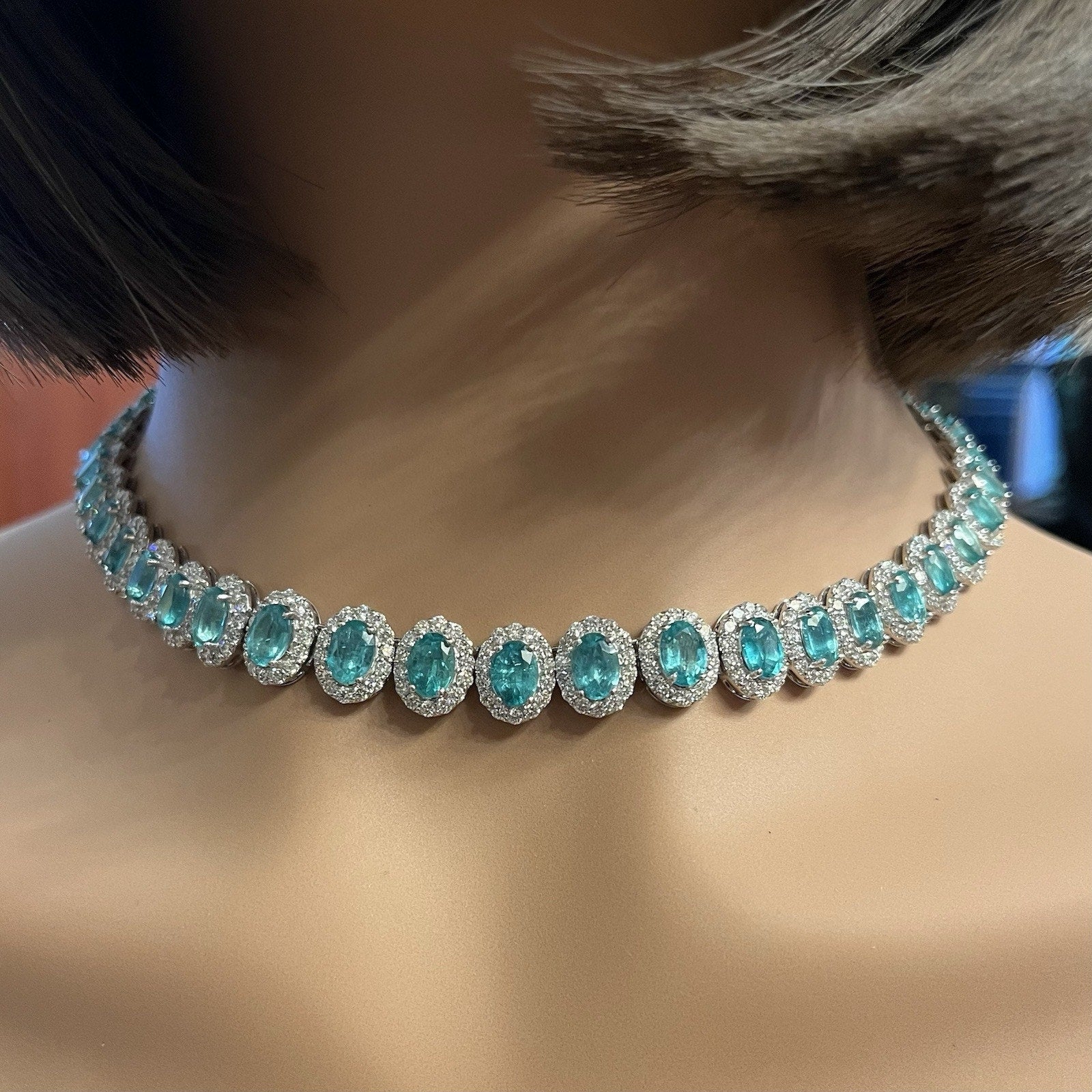 Oval Emerald and Diamond Halo Setting Choker Necklace in 18k White Gold