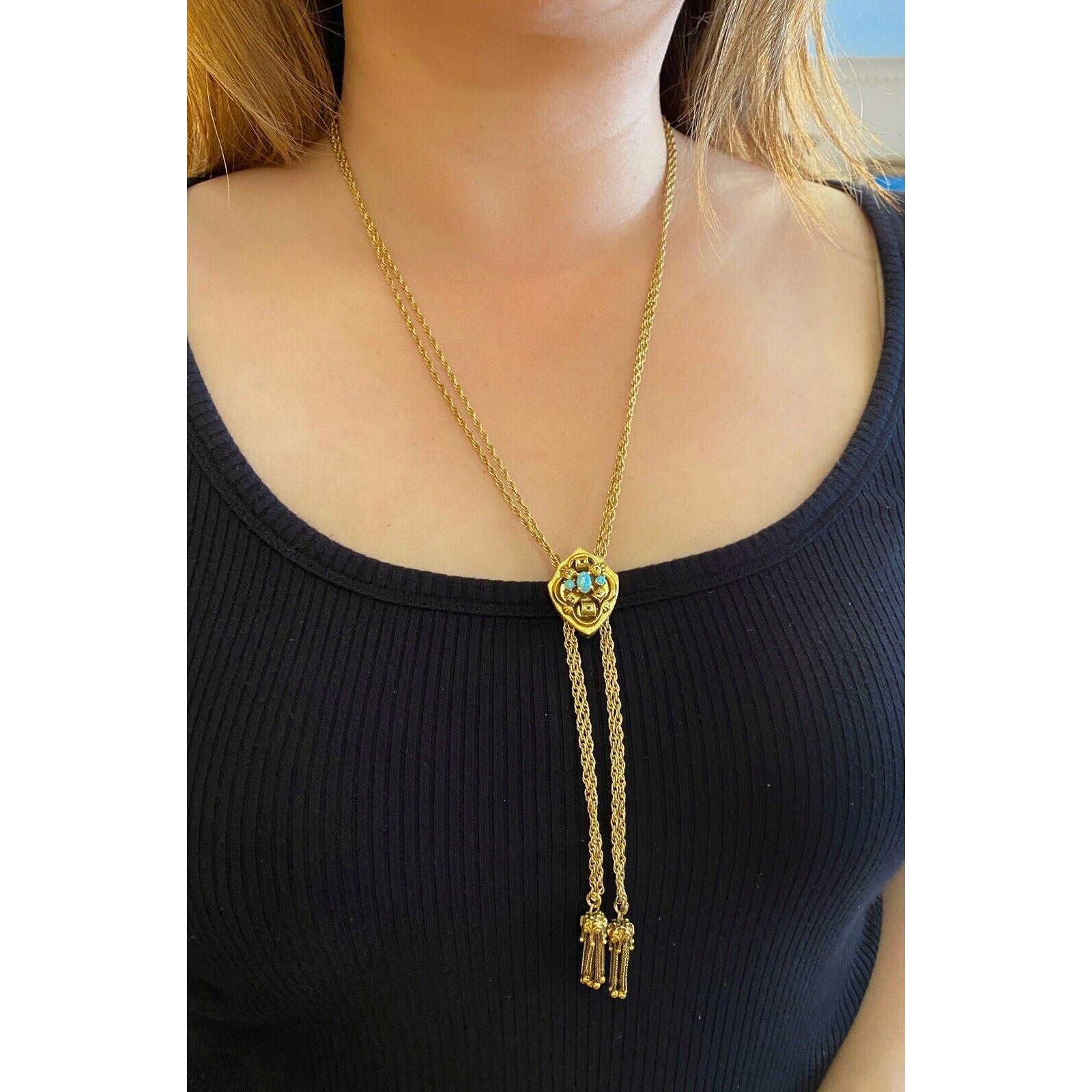 Vintage 28" Slide Tassel Necklace with Opals in 14k Yellow Gold
