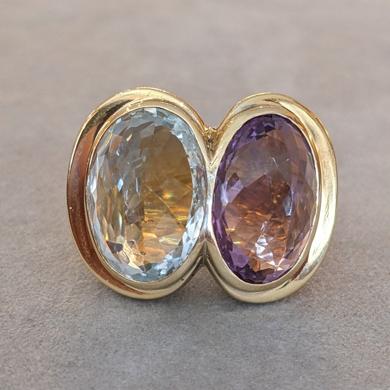 Large Aquamarine and Amethyst Statement Ring in 18k Yellow Gold