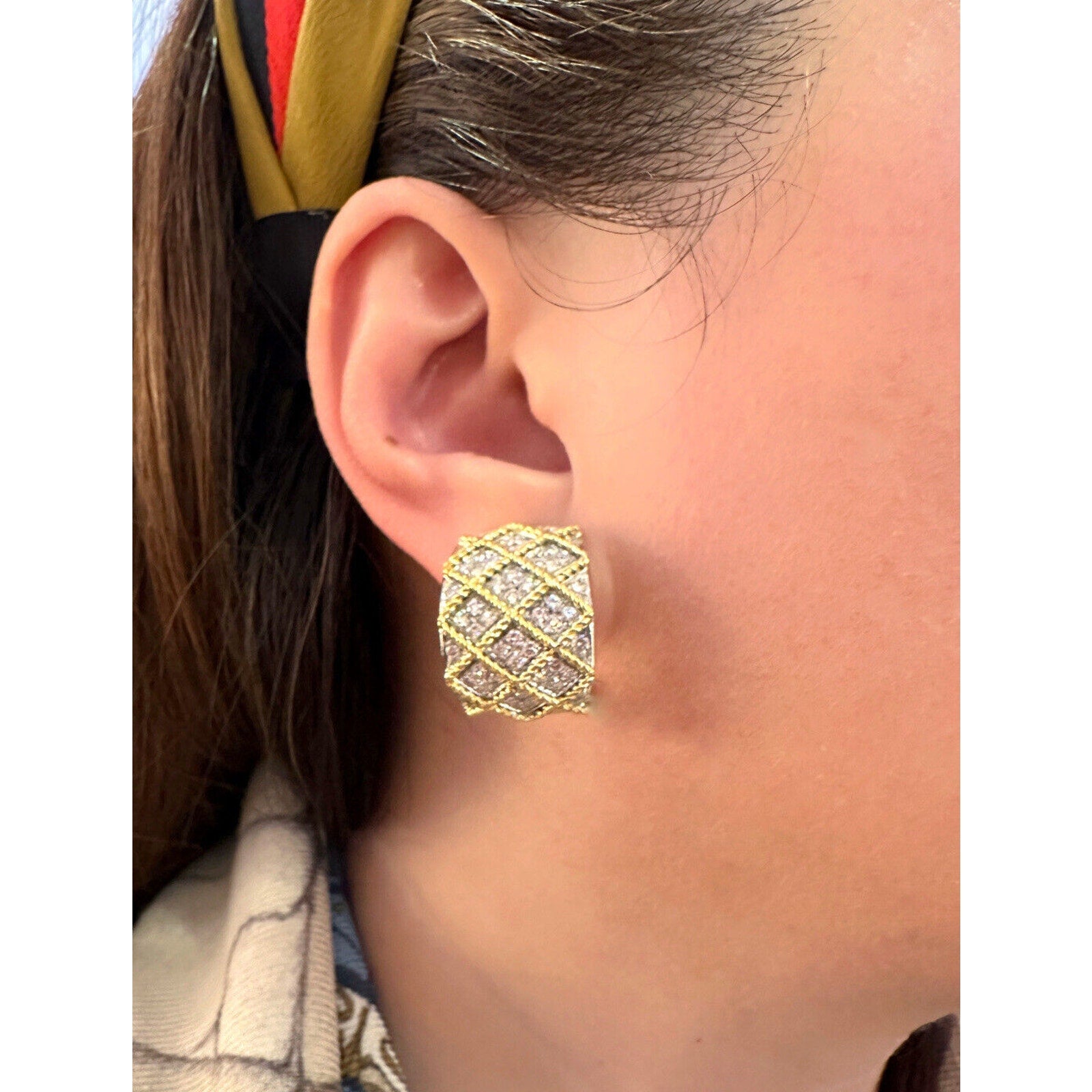 ITALIAN 3 ctw Diamond CrissCross Half Hoop Earrings in 18k Yellow Gold- HM2448AE