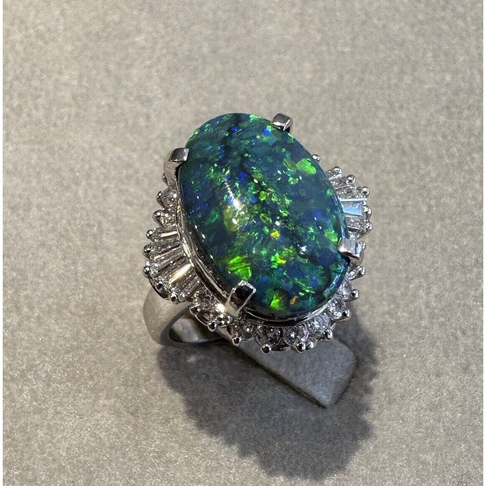 GIA Natural Black Opal 6.23 ct and Diamond Cocktail Ring in Platinum