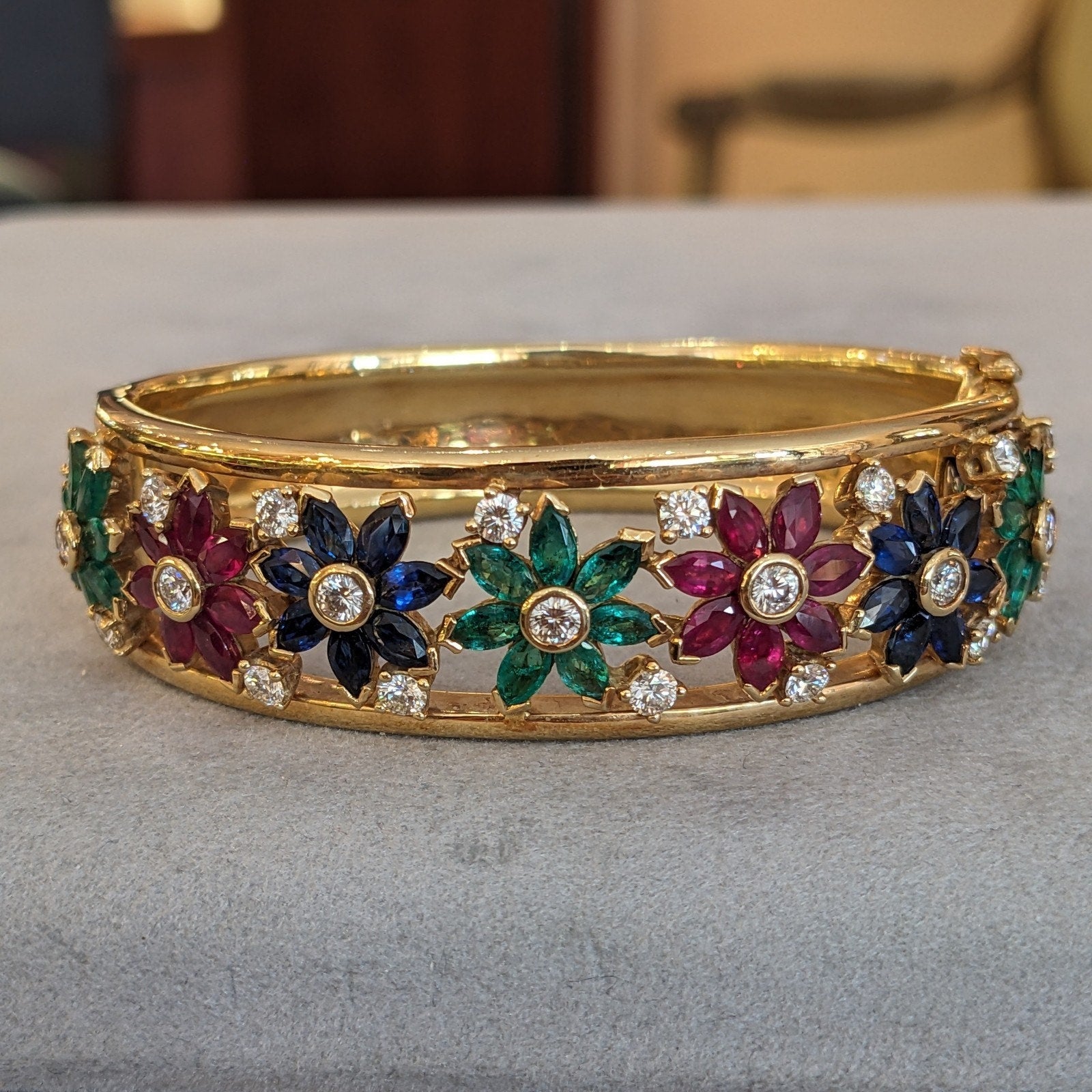 Wide Ruby-Sapphire-Emerald-Diamond Bangle Bracelet in 18k Yellow Gold