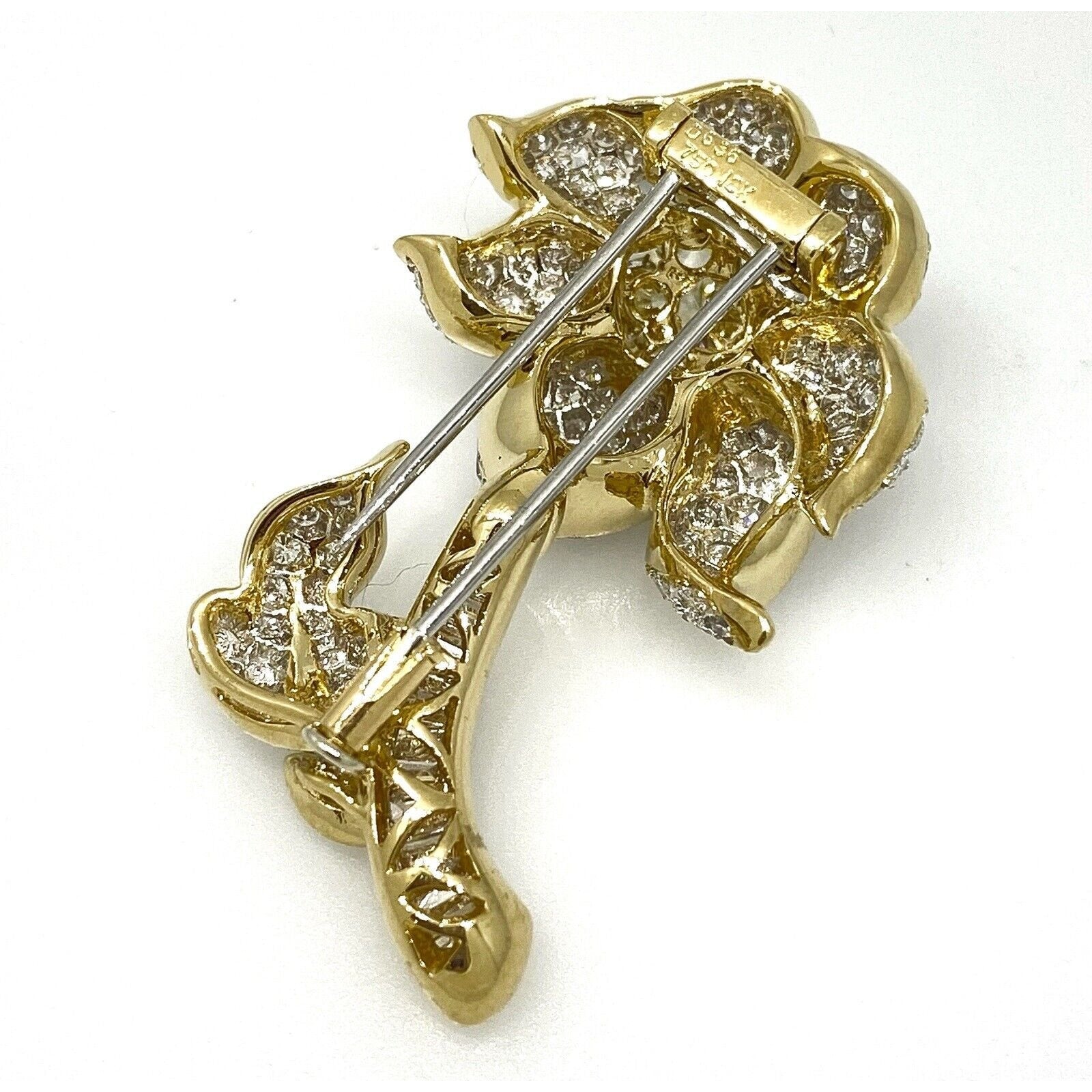Estate Pave Diamond Flower Brooch / Pin in 18k Yellow Gold