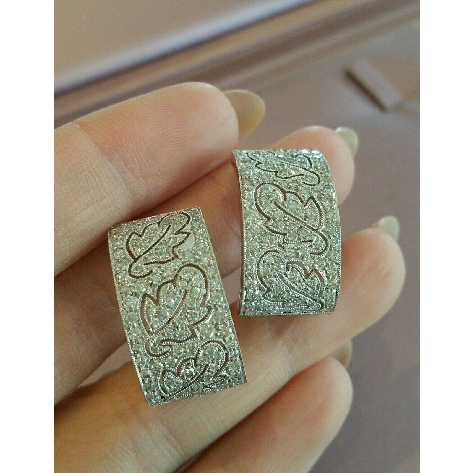 Wide Diamond Hoop Earrings Leaf Design in 18k White Gold