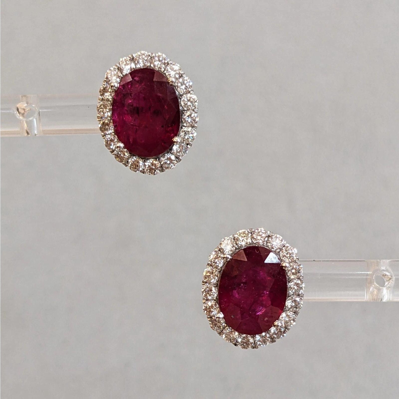 GIA Natural Oval Ruby Stud Earrings with Diamond Halo in 14k White Gold