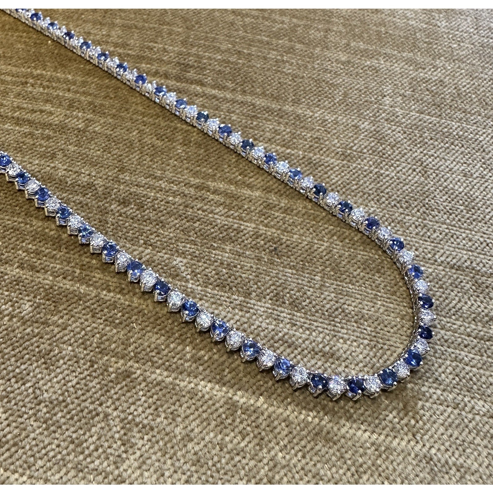 Sapphire & Diamond 3 Prong Tennis Necklace 17" in 18k White Gold