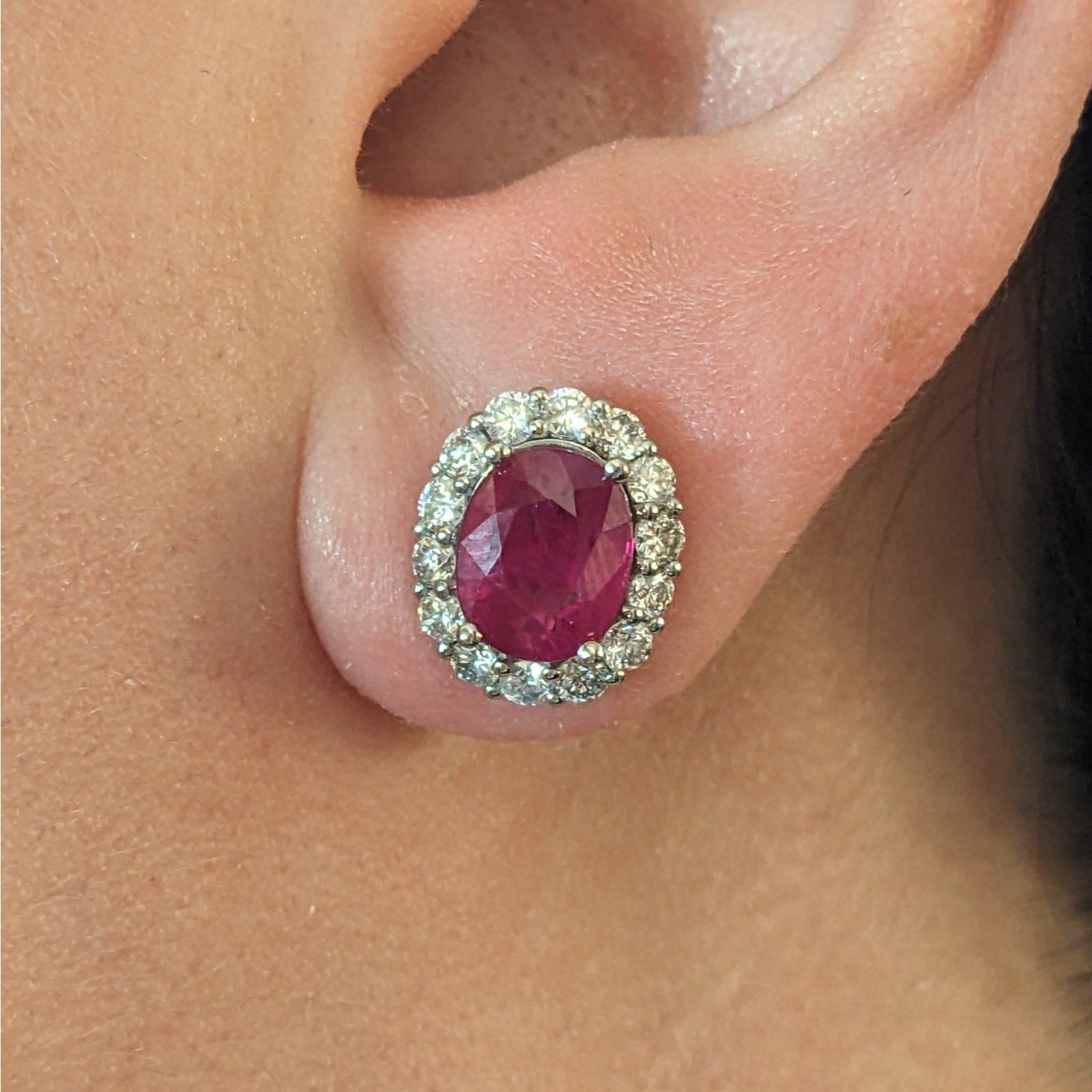 GIA Natural Burma Ruby Oval Stud Earrings with Diamonds in Platinum & 14k White Gold