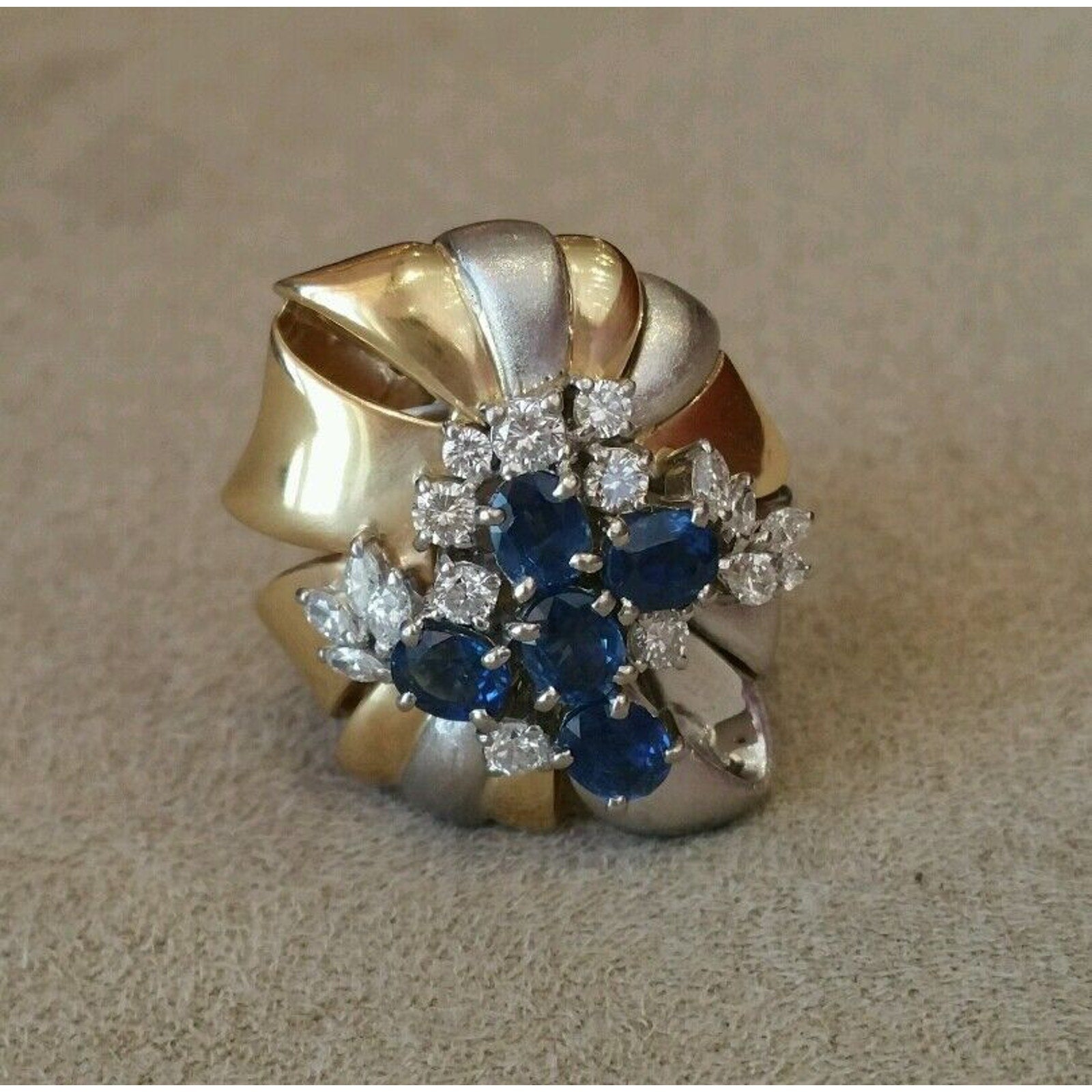 Natural Sapphire and Diamond Cluster Ring in Platinum & 18k Yellow Gold