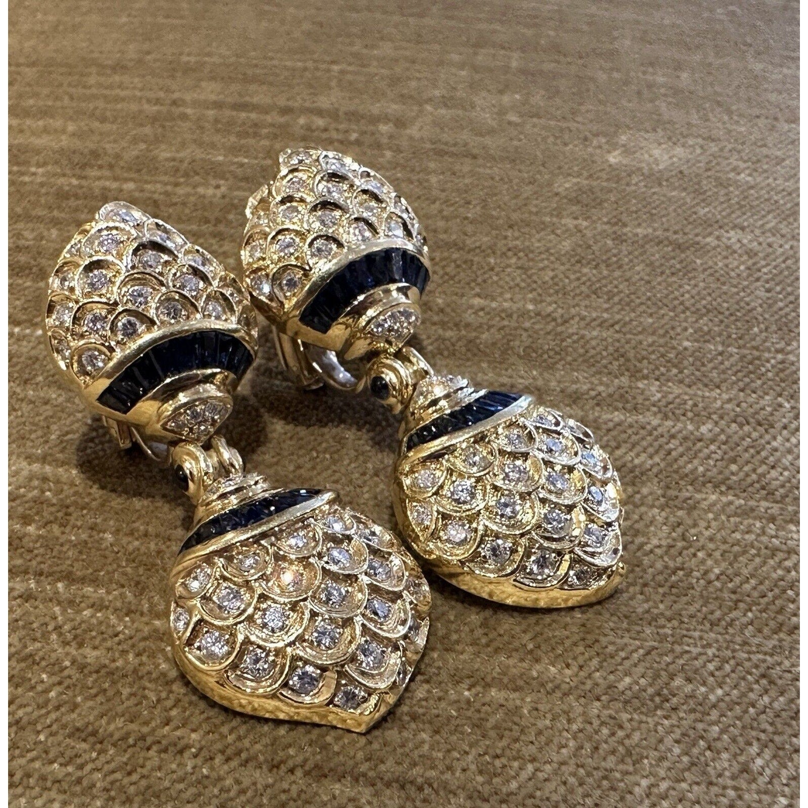 Natural Diamond and Sapphire Large Drop Earrings in 18k Yellow Gold