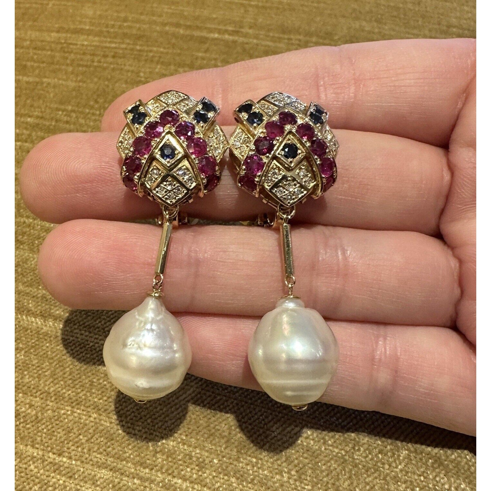 Ruby, Sapphire, Diamond & Pearl Drop Earrings in 18k Yellow Gold