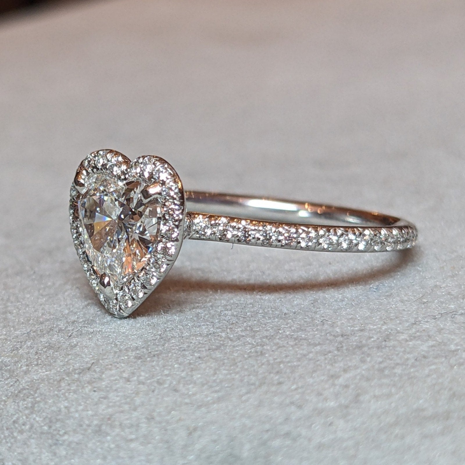 Heart Shaped Diamond Ring in 18k White Gold Halo Setting