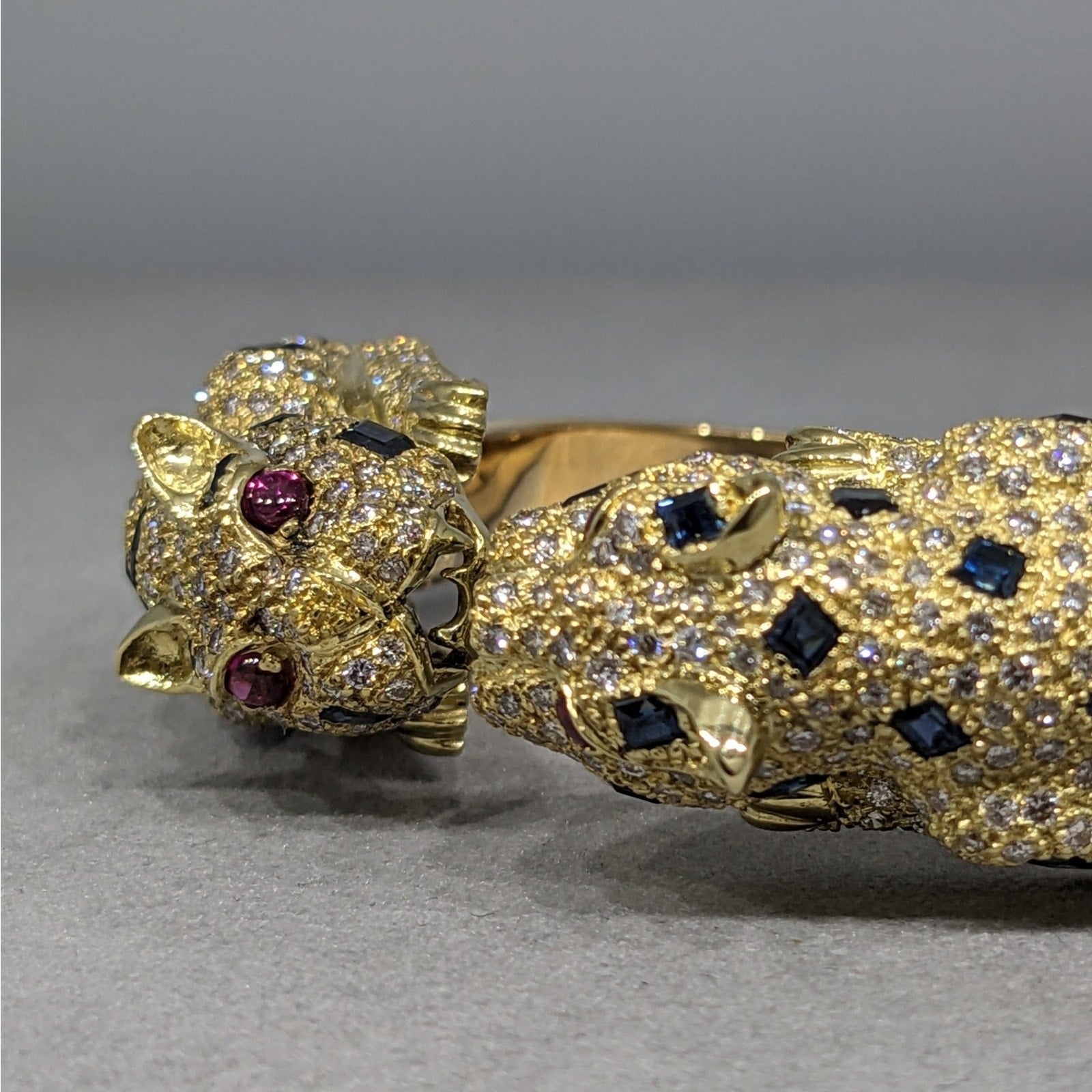 Panther Diamond and Sapphire Pave Bangle Bracelet in 18k Yellow Gold
