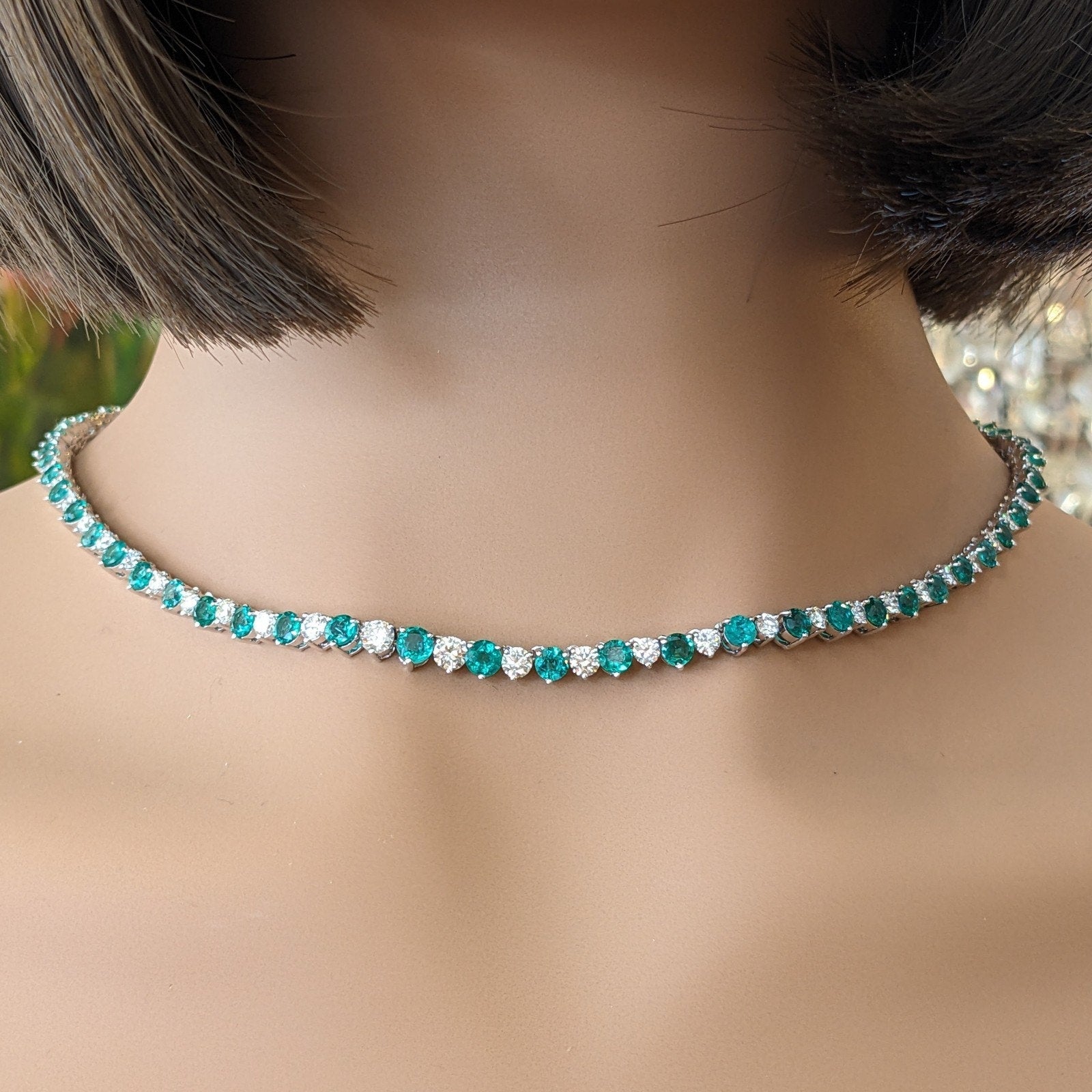 Emerald & Diamond Riviera Tennis Necklace 16.75" in 14k White Gold