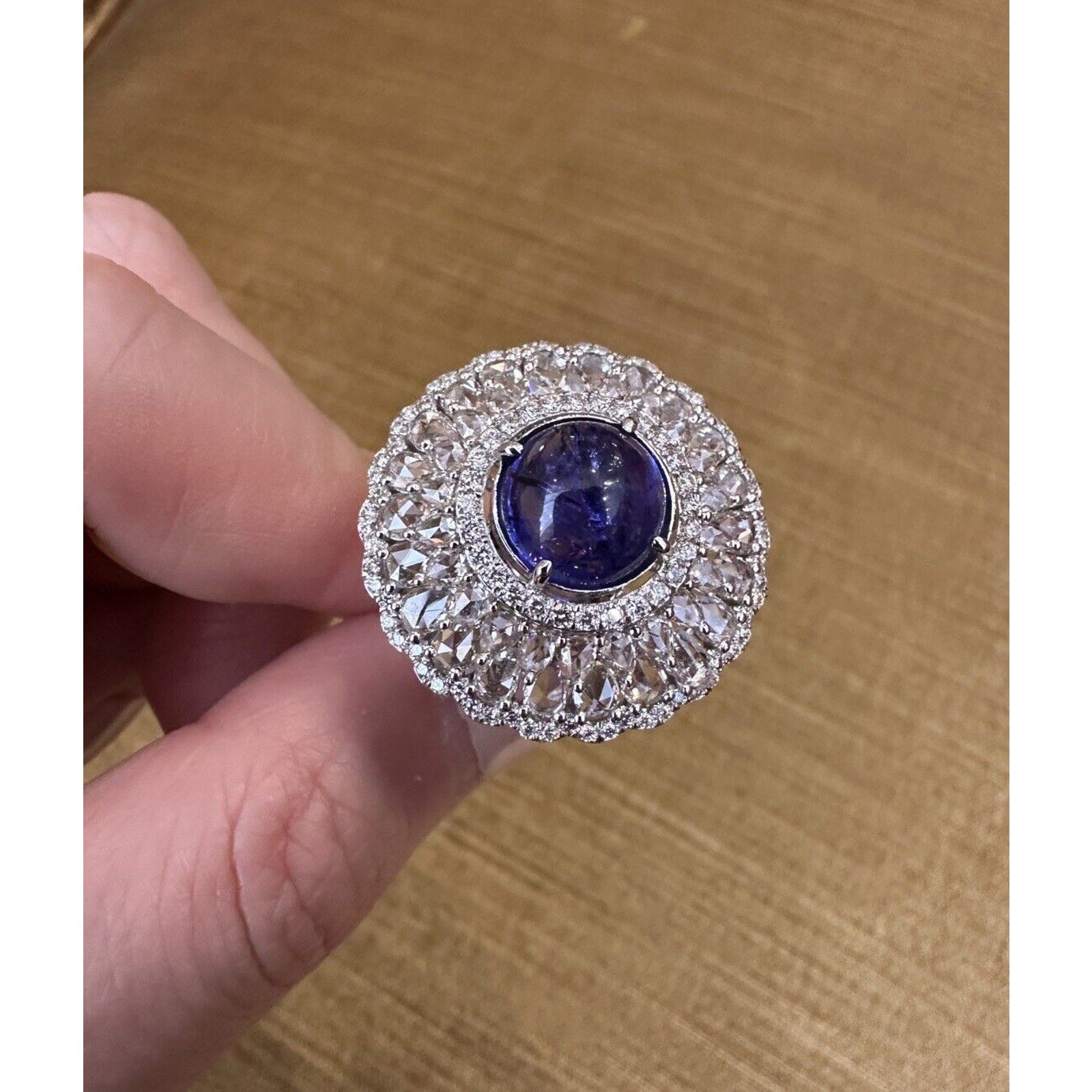 Tanzanite Cabochon and Rosecut Diamond Ring in 18k White Gold