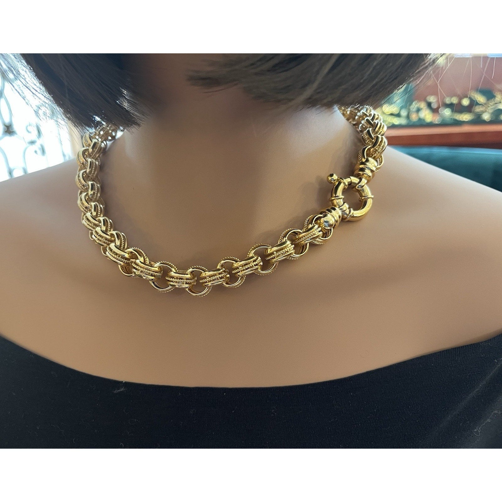 Large 20" Textured Round Cable Link Chain Necklace in 14k Yellow Gold