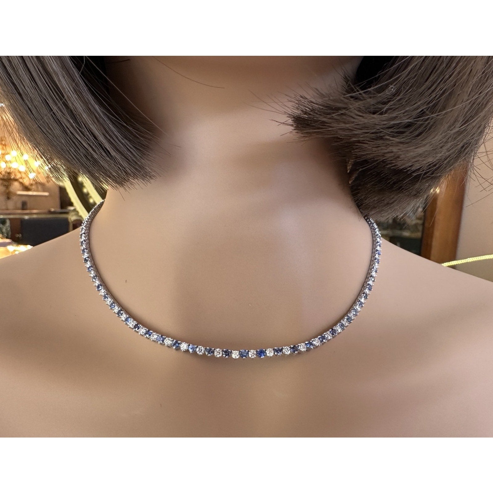Sapphire & Diamond 3 Prong Tennis Necklace 17" in 18k White Gold
