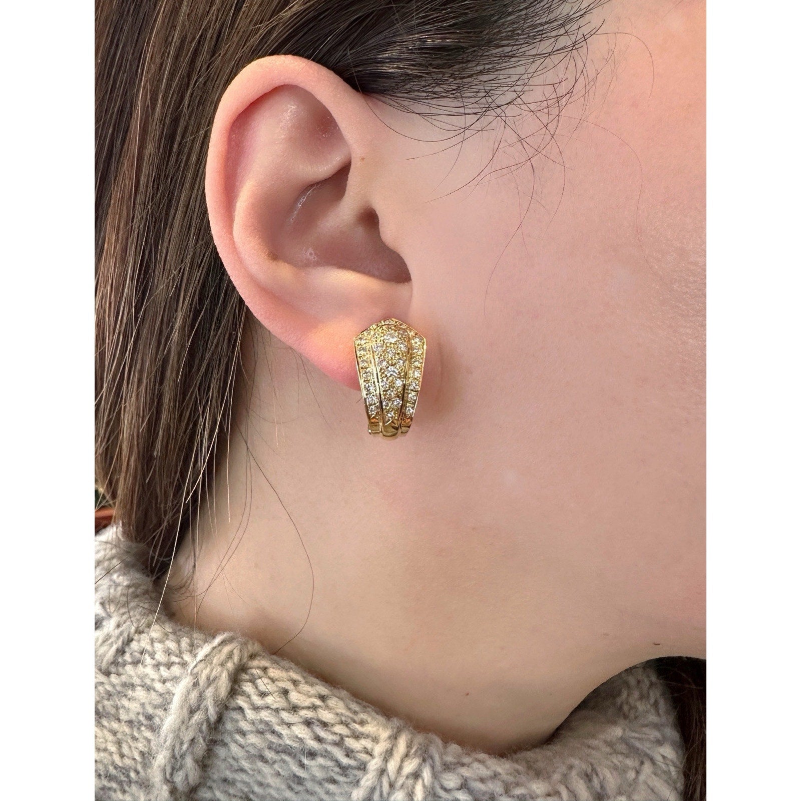 Natural Pave Diamond Half Hoop Earrings 1.10cttw in 18k Yellow Gold