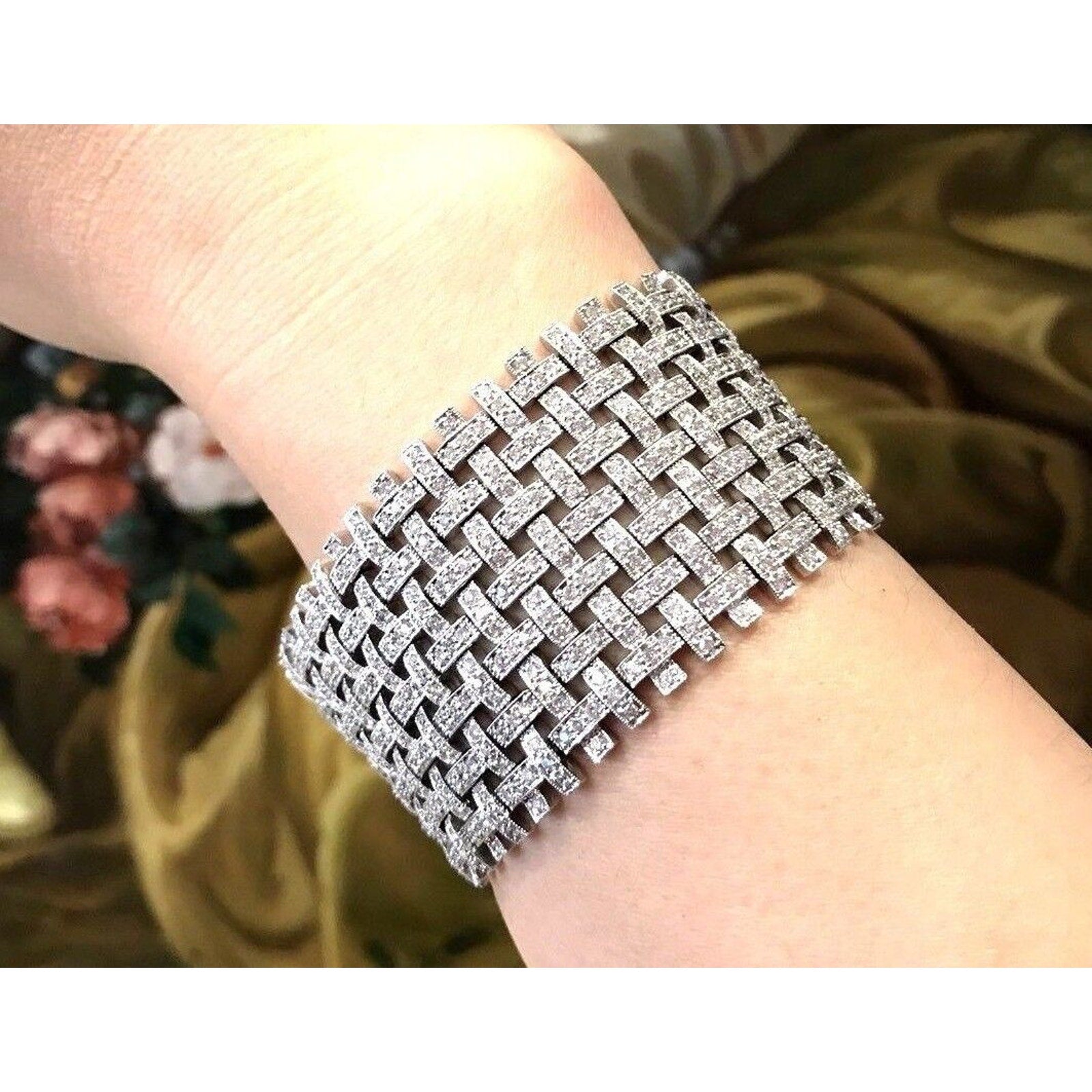 9.03 carats Wide Basket Weave Diamond Bracelet in 18K White Gold