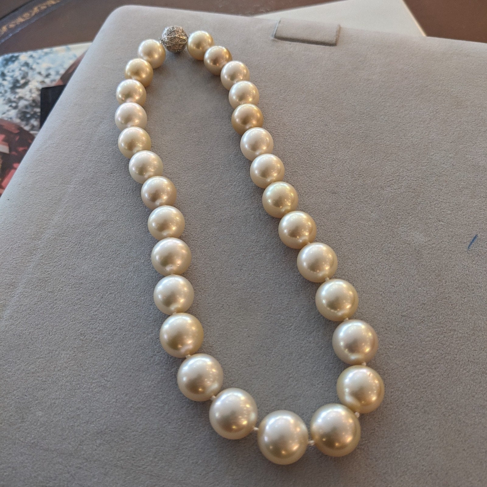 Golden South Sea Pearl Necklace 16.8 inch 18k White Gold Diamond Clasp