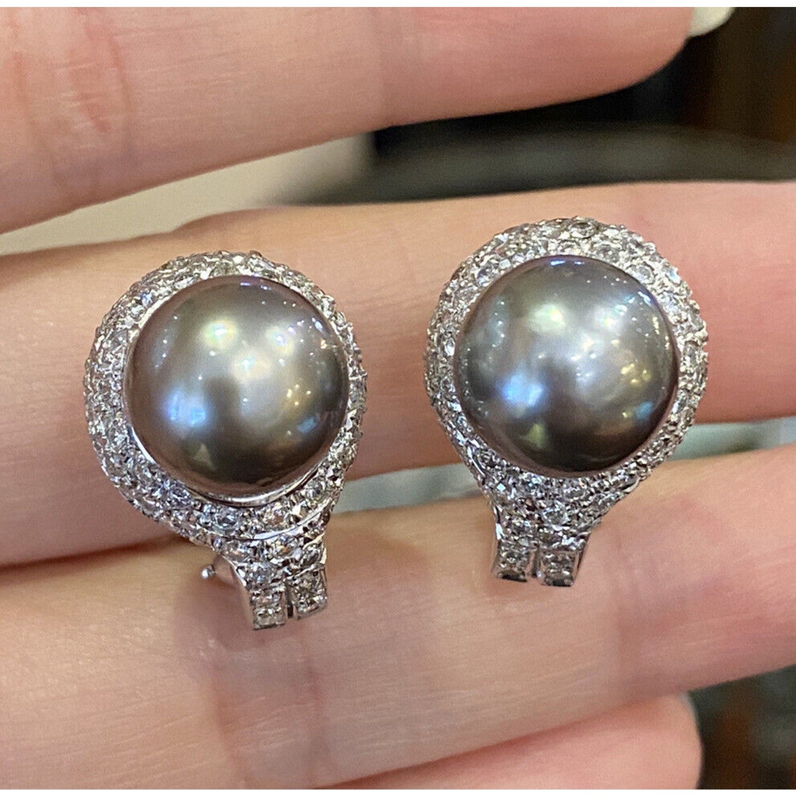 Pave Diamond and Black South Sea Pearl Earrings in 14k White Gold