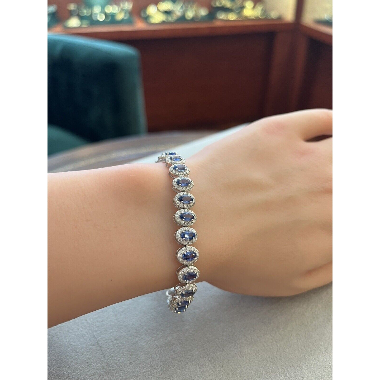 Natural Oval Sapphire and Diamond Halo Bracelet in 14k White Gold - HM2679BA