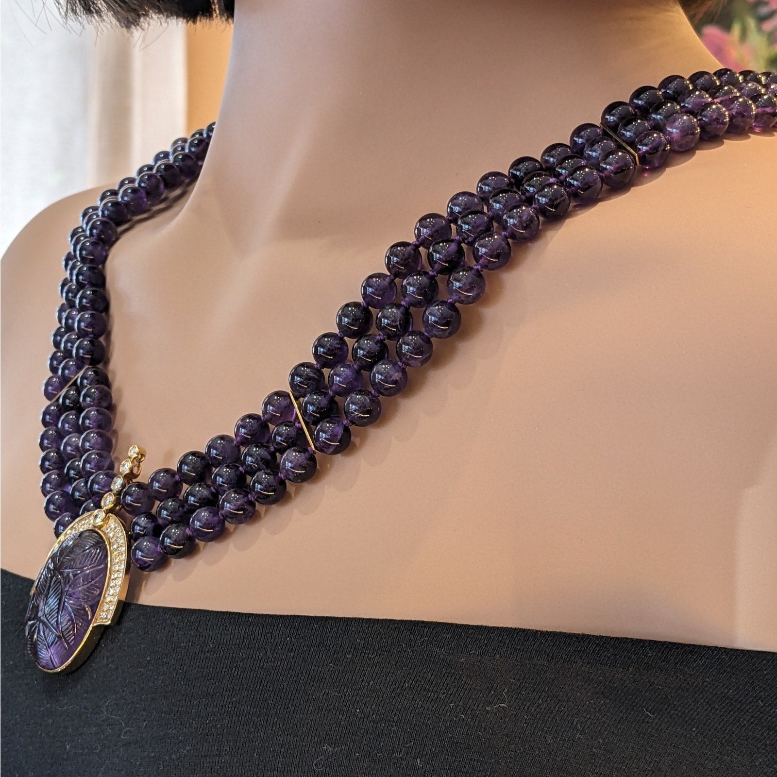 Carved Amethyst and Diamond Pendant Bead Necklace in 18k Yellow Gold