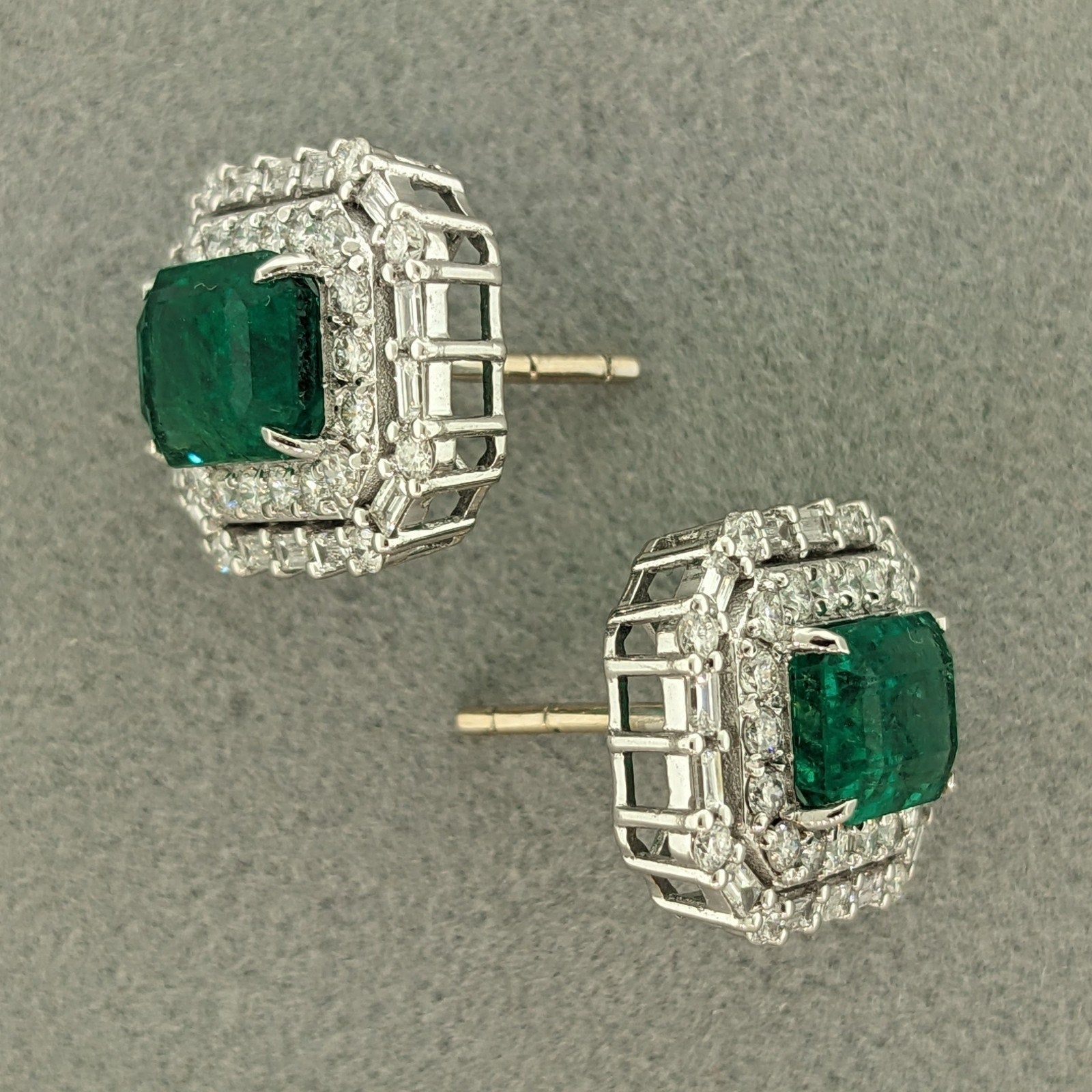 GIA 4.42 ct Emerald Double Halo Diamond Earrings in 18k White Gold