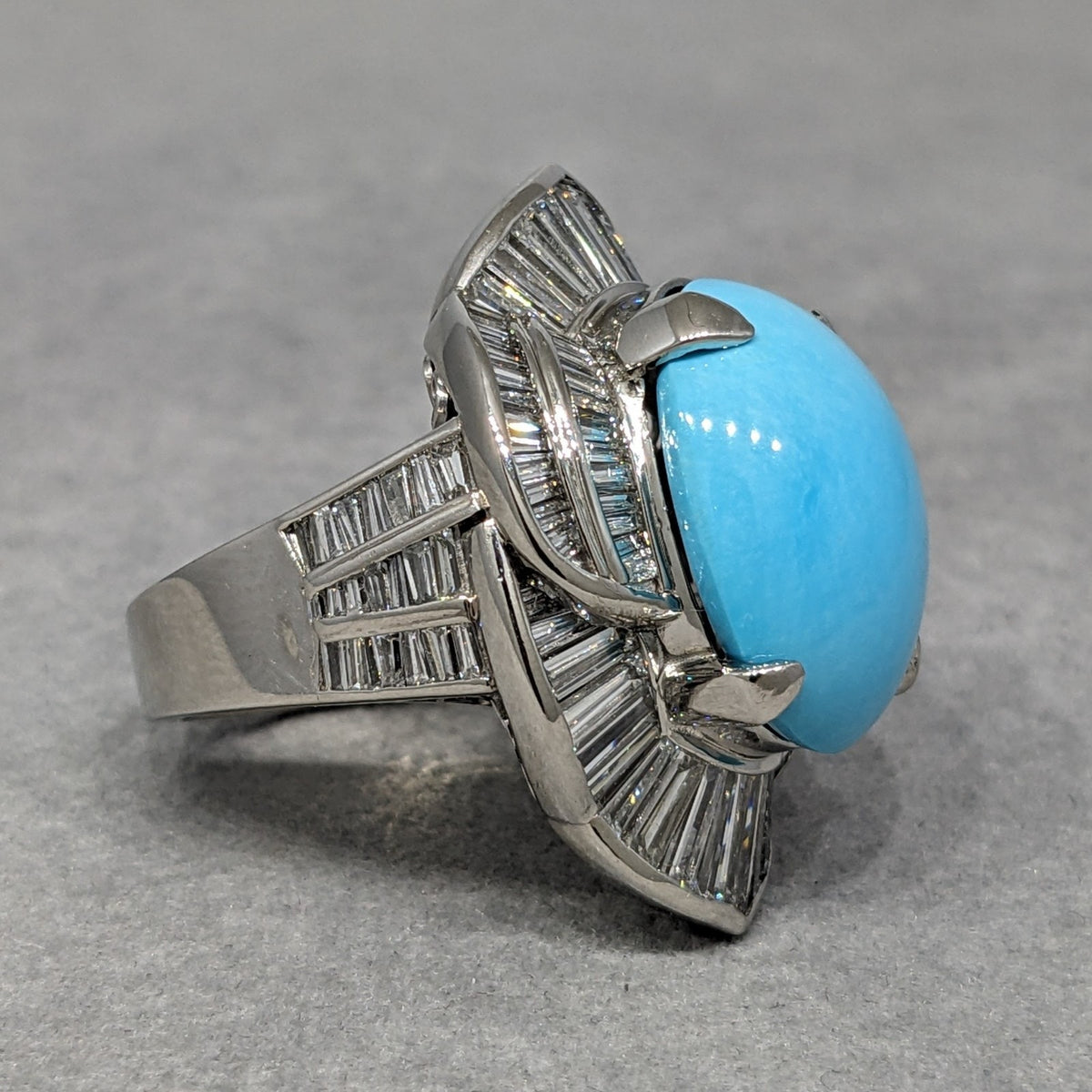 Large Turquoise and Baguette Diamond Cocktail Ring in Platinum