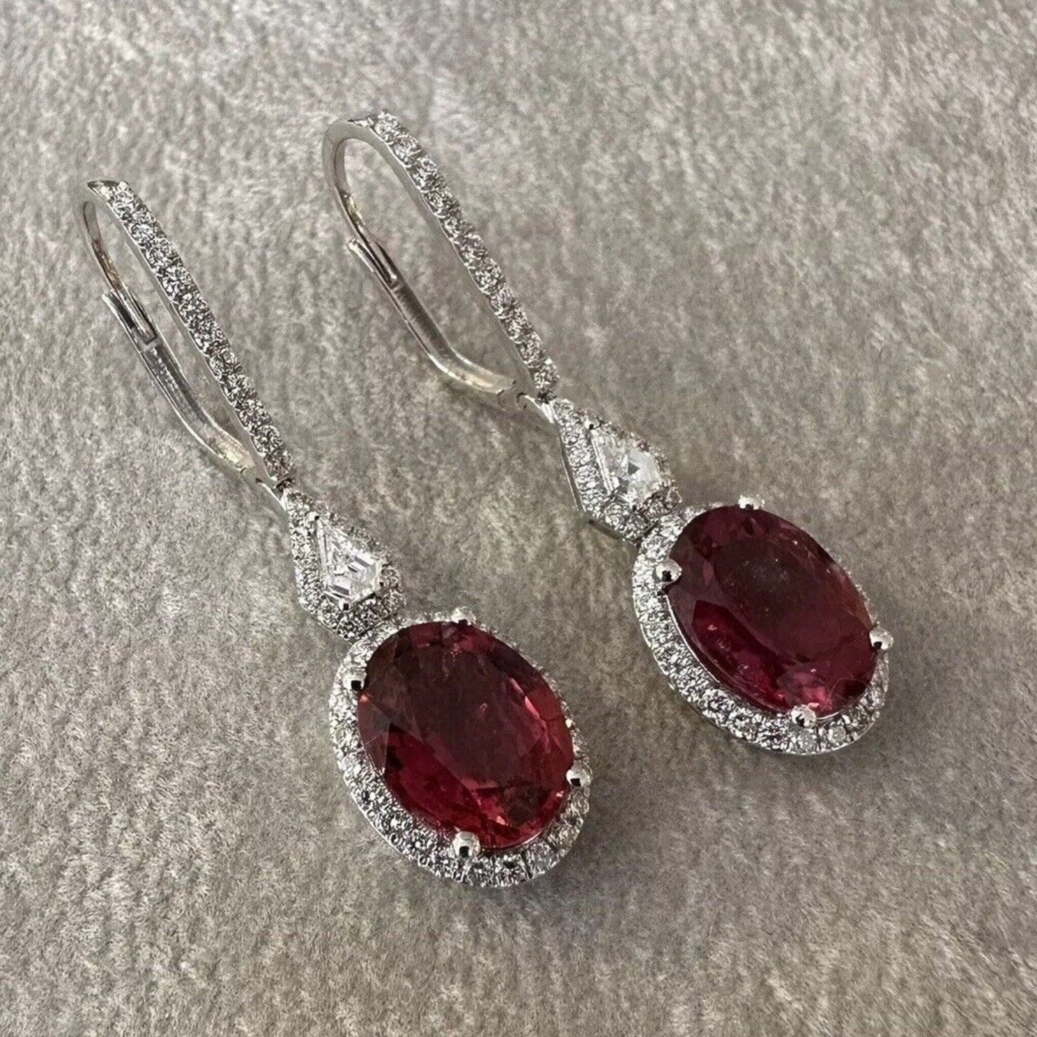 Natural Oval Rubellite and Diamond Drop Earrings in 18k White Gold