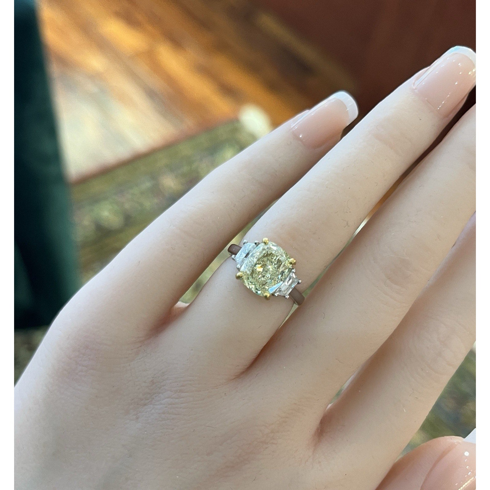 GIA 3.01 ct Fancy Light Yellow Cushion Diamond Ring in Platinum & 18k Yellow Gold