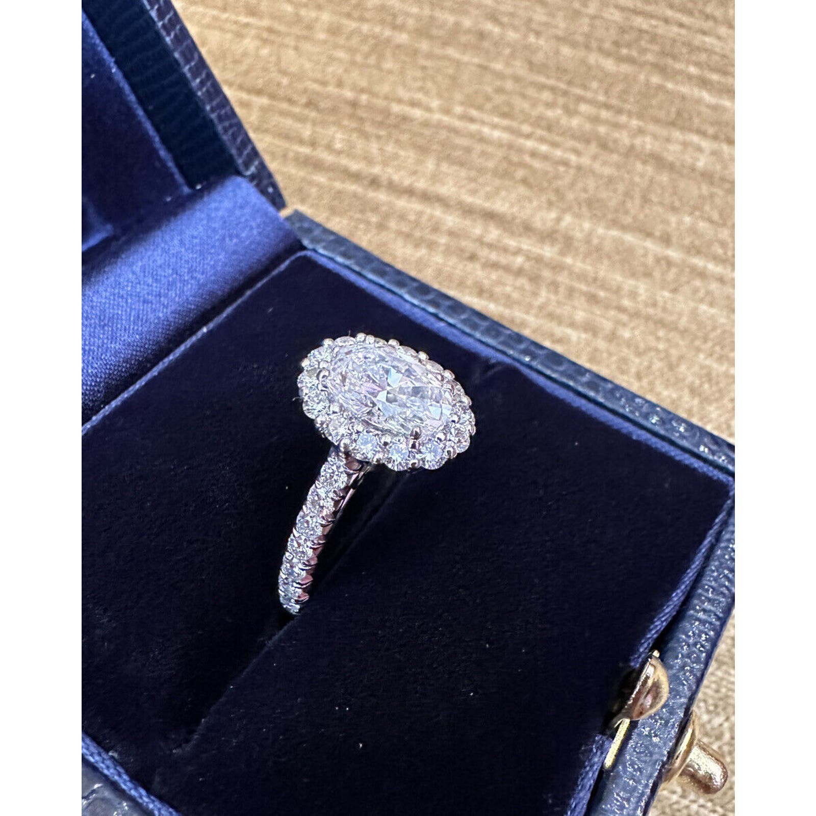 GIA 1.38 ct Oval Shape Diamond in JB Star Diamond Halo Platinum Setting- HM2435N