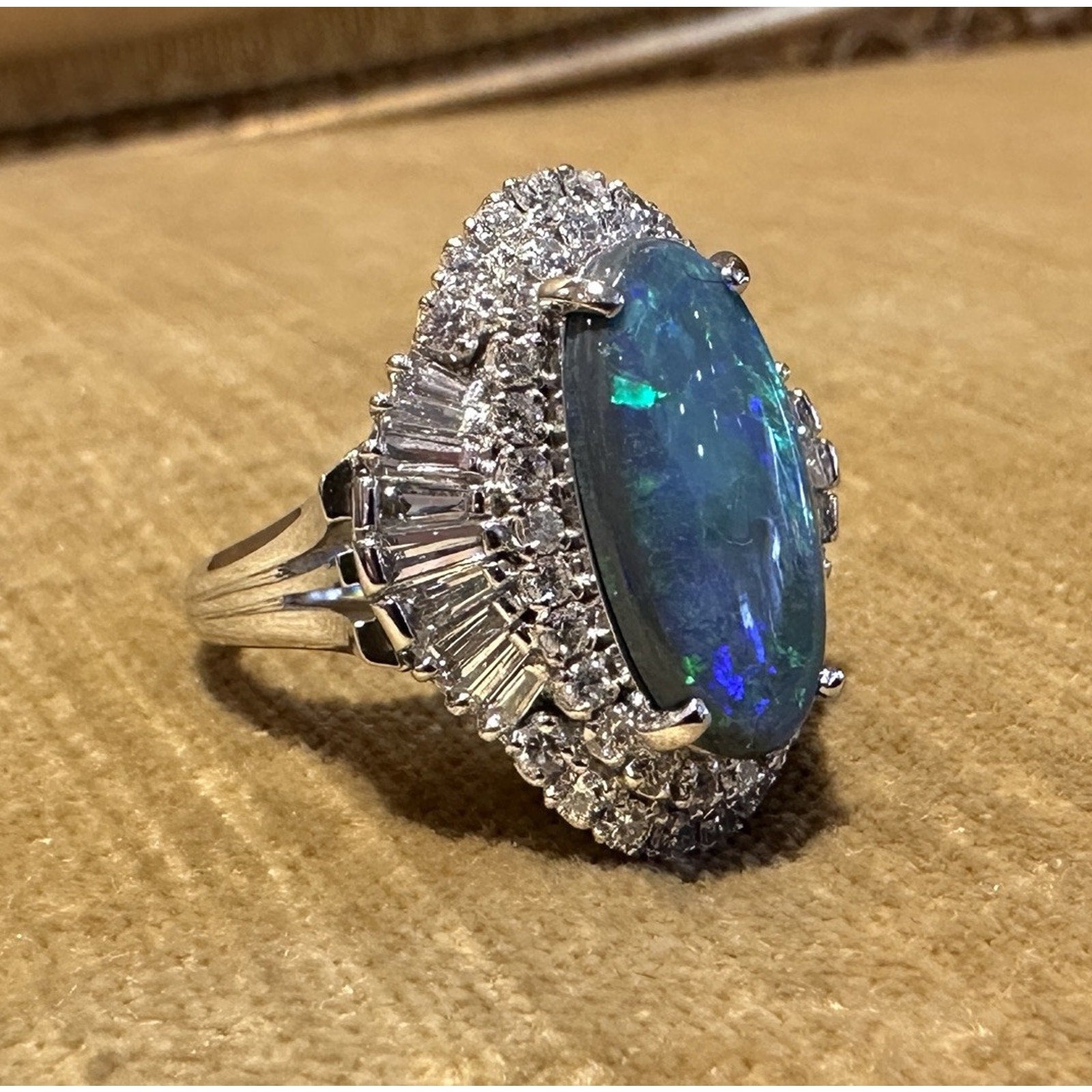 Natural Black Opal 3.77 ct and Diamond Cocktail Ring in Platinum