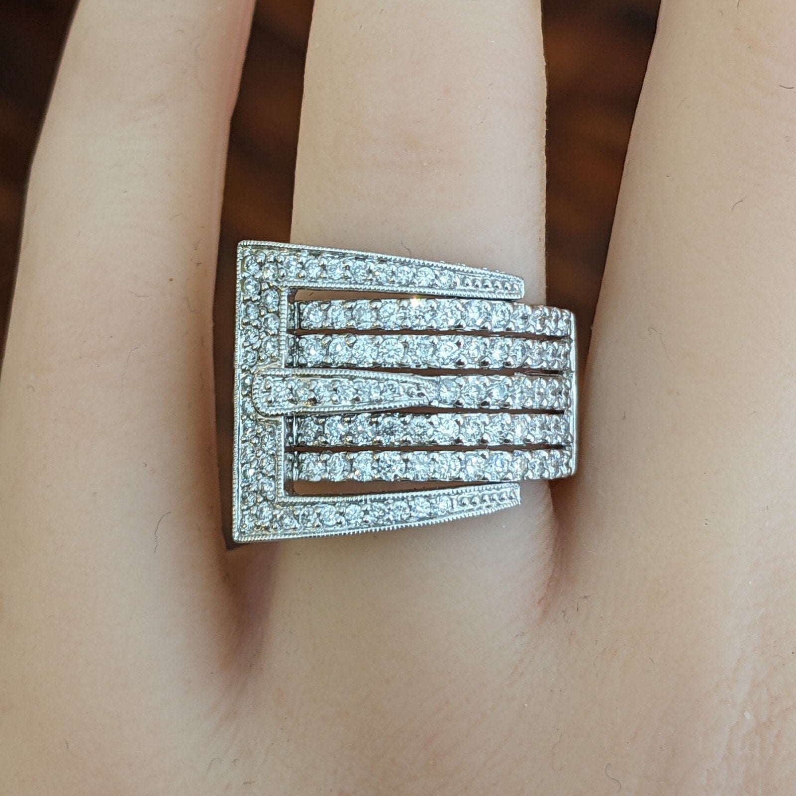 Wide Five Row Diamond Buckle Ring in 14k White Gold