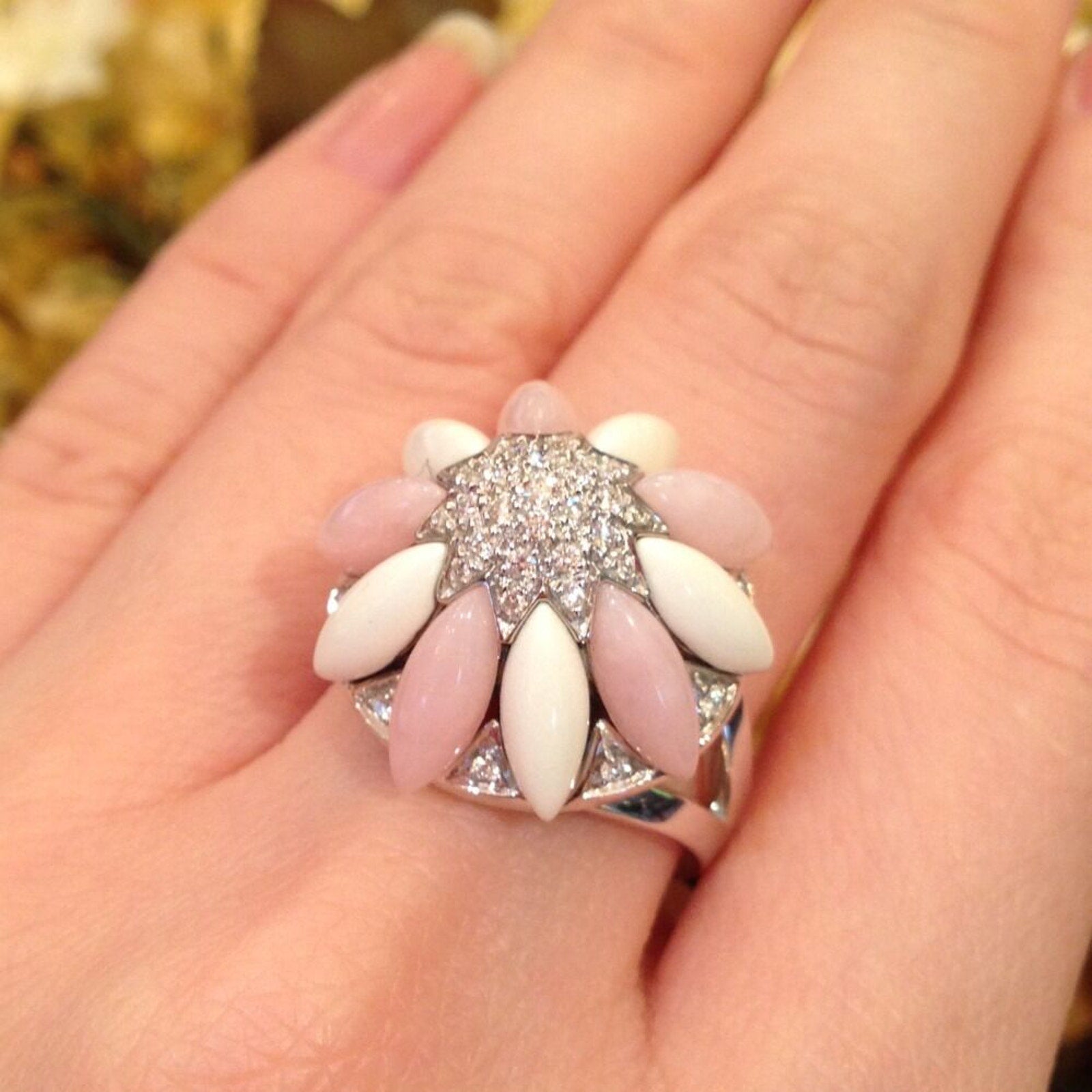 Flower Pave Diamond, Rose Quartz & Enamel Ring 18K White Gold