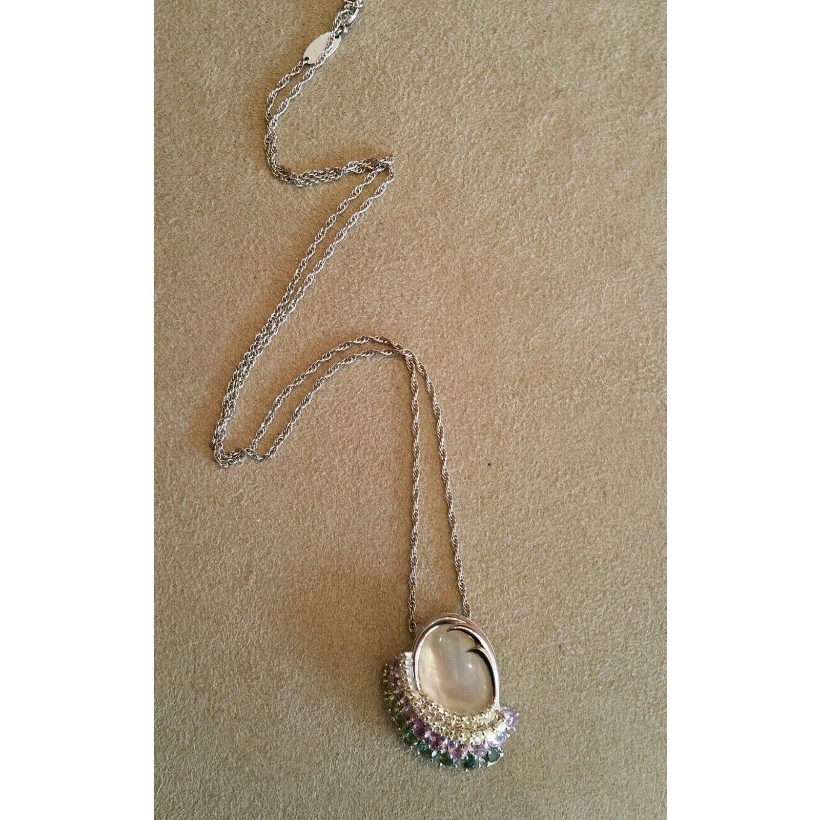 Pink & Green Sapphire, Diamond and Mother of Pearl Necklace in Platinum