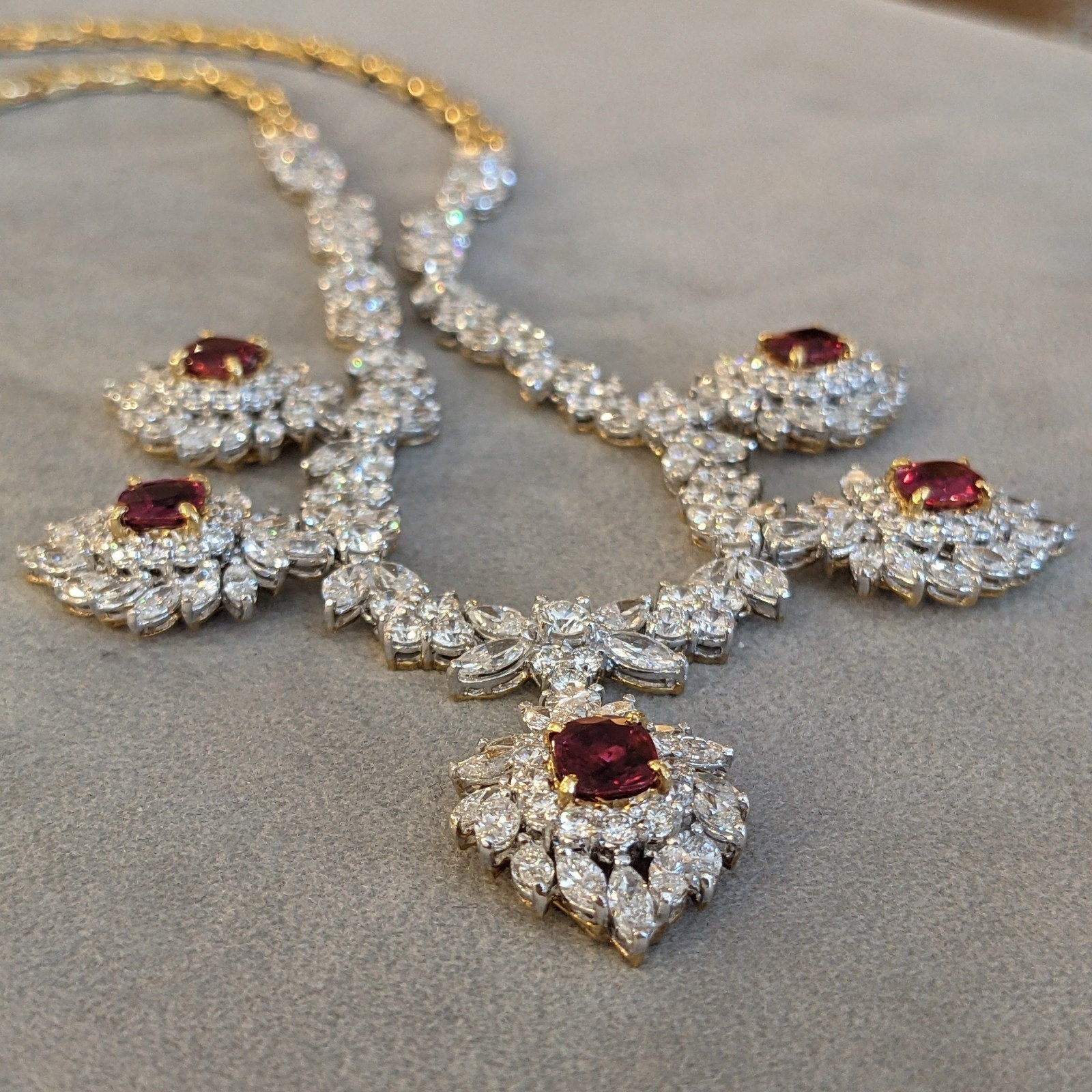 Vintage Drop Ruby and Diamond Necklace in 18k Yellow Gold