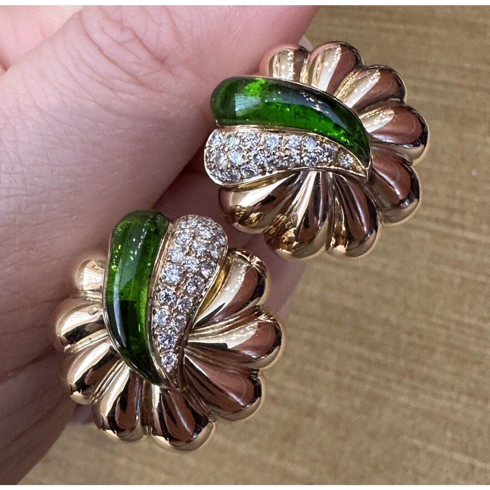 Green Enamel & Diamond Scallop Earrings in 18k/14k Yellow Gold - HM2524SZ