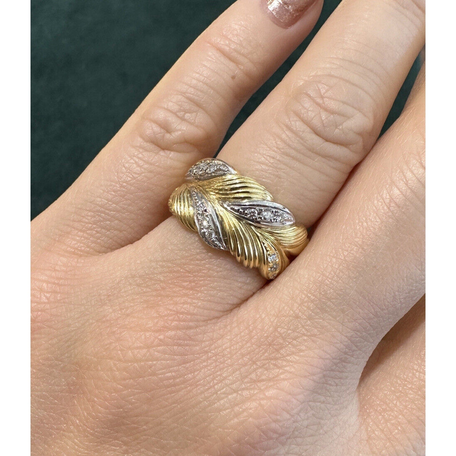 Carved Floral Diamond Band Ring in 18k Yellow Gold & Platinum
