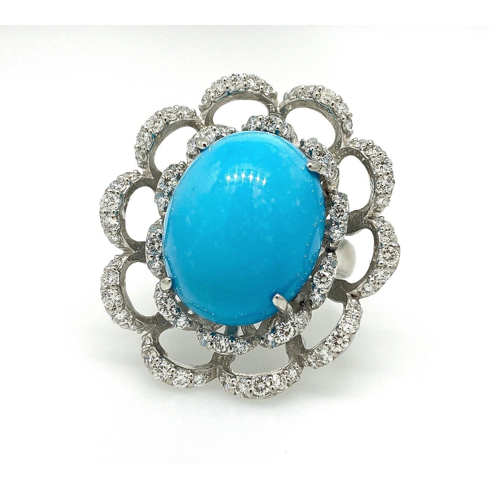 Turquoise and Diamond Flower Cocktail Ring in Platinum