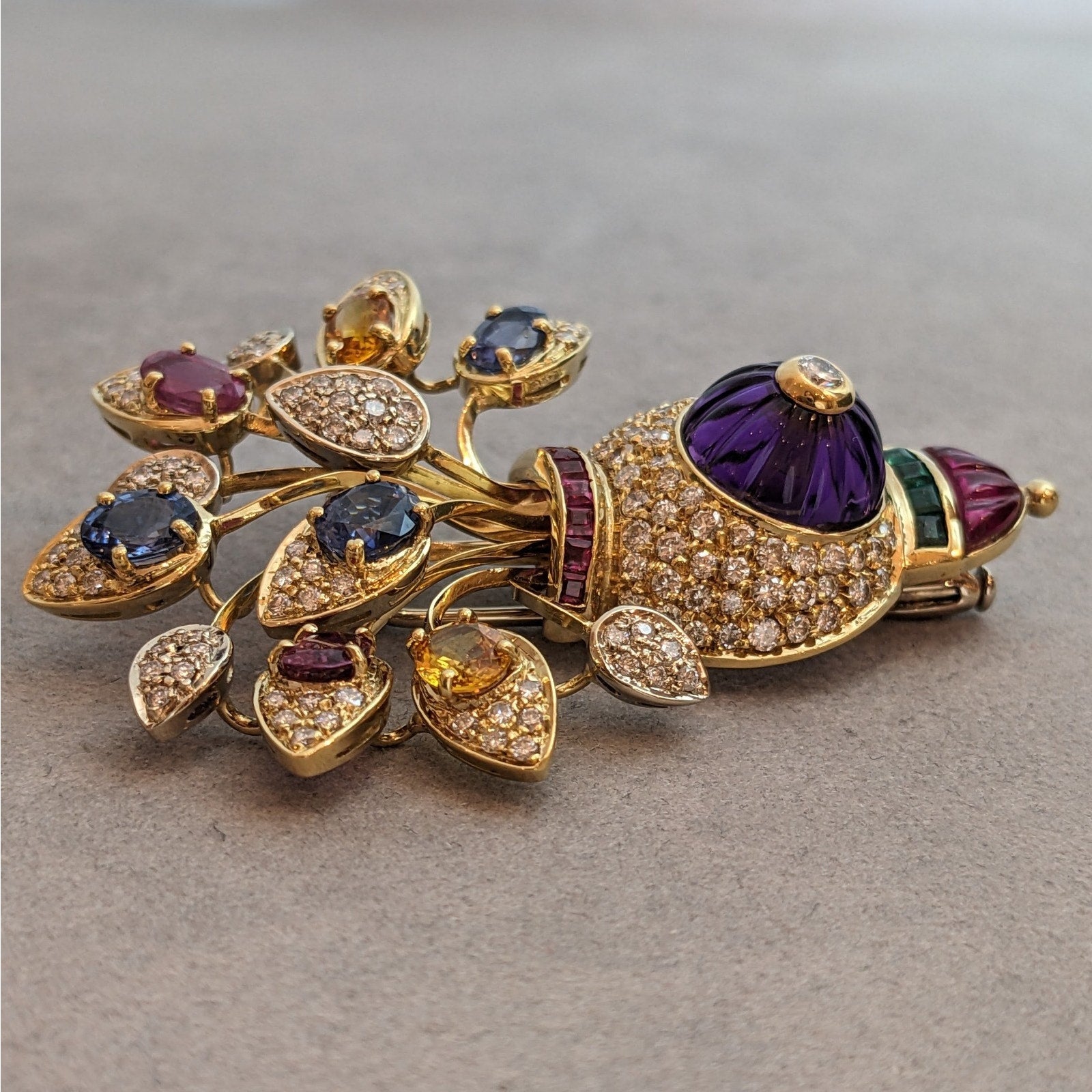 Multi-Gem Flower Pin with Diamonds and Amethyst in 18k Yellow Gold