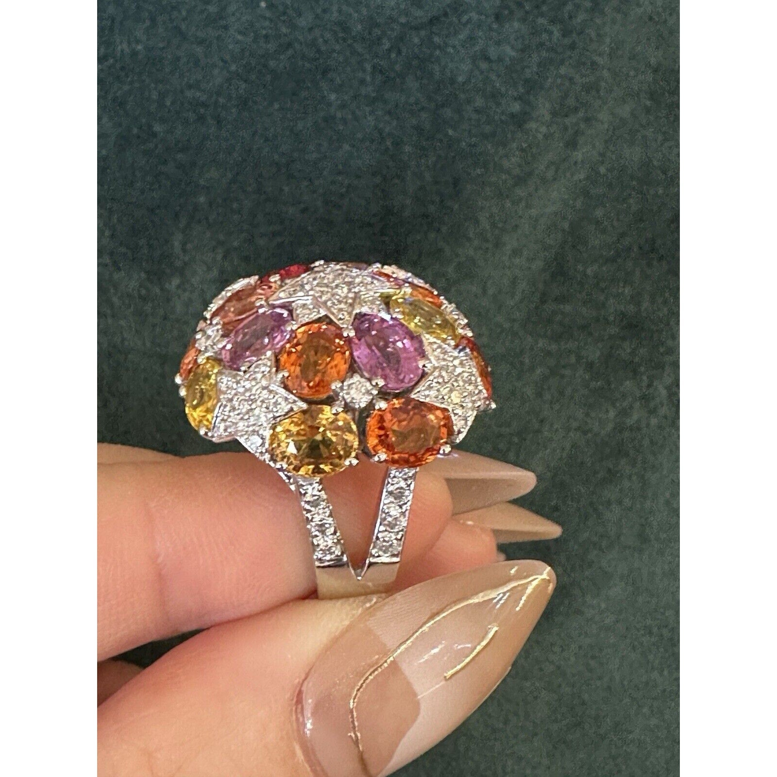 Multicolor Sapphire and Diamond Star Dome Ring in 18k White Gold