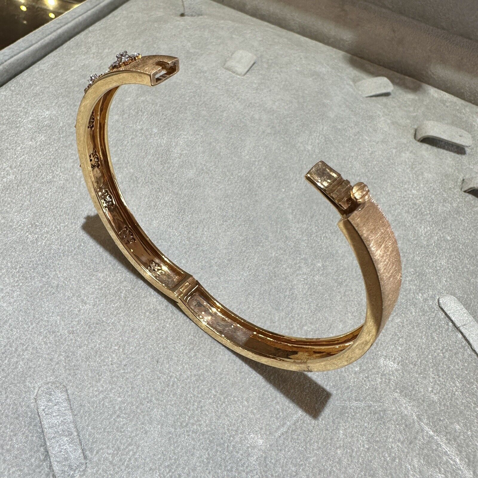 Natural Diamond Bangle Bracelet in Textured 18k Rose Gold