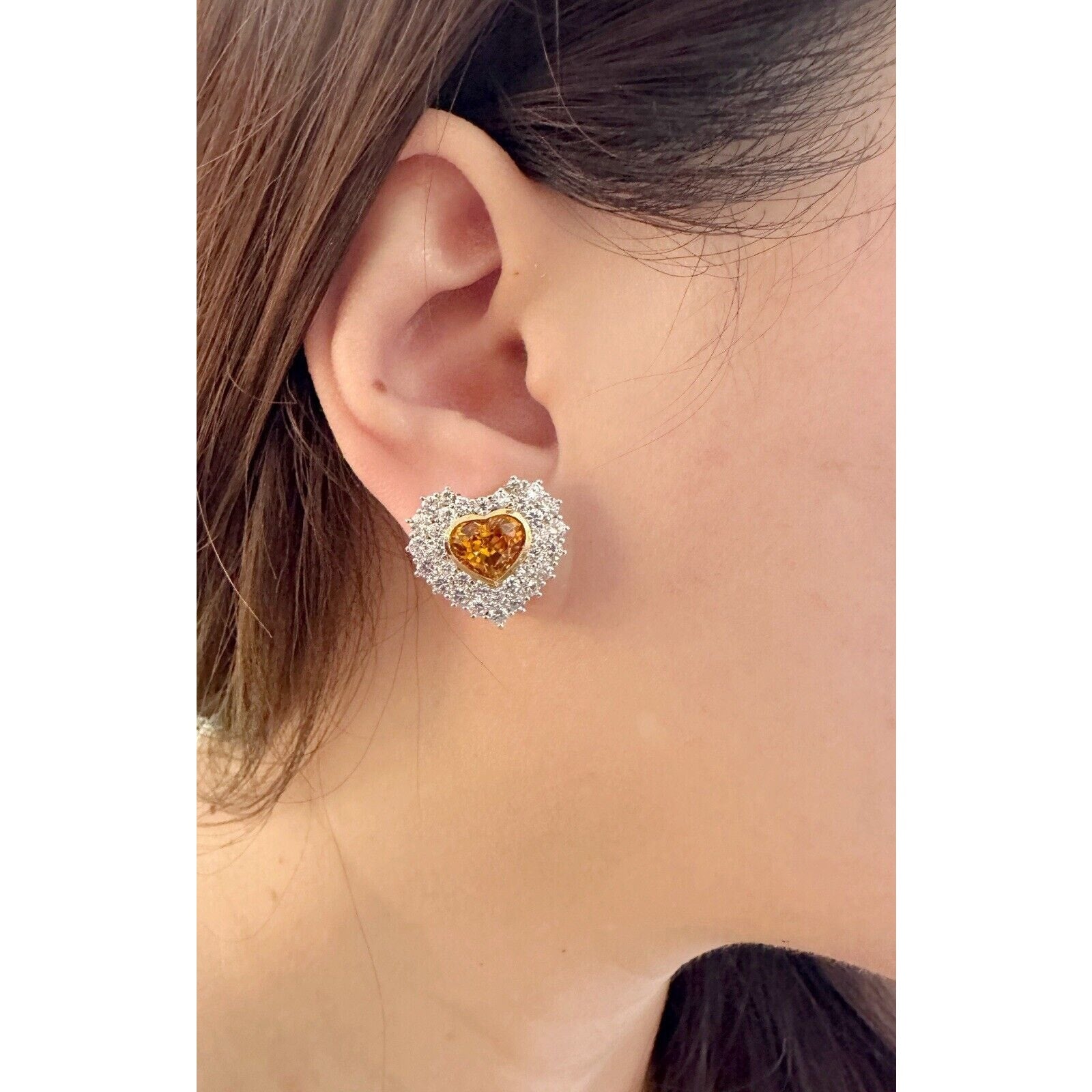 Orange Sapphire and Diamond Heart Earrings in 18k Yellow & White Gold