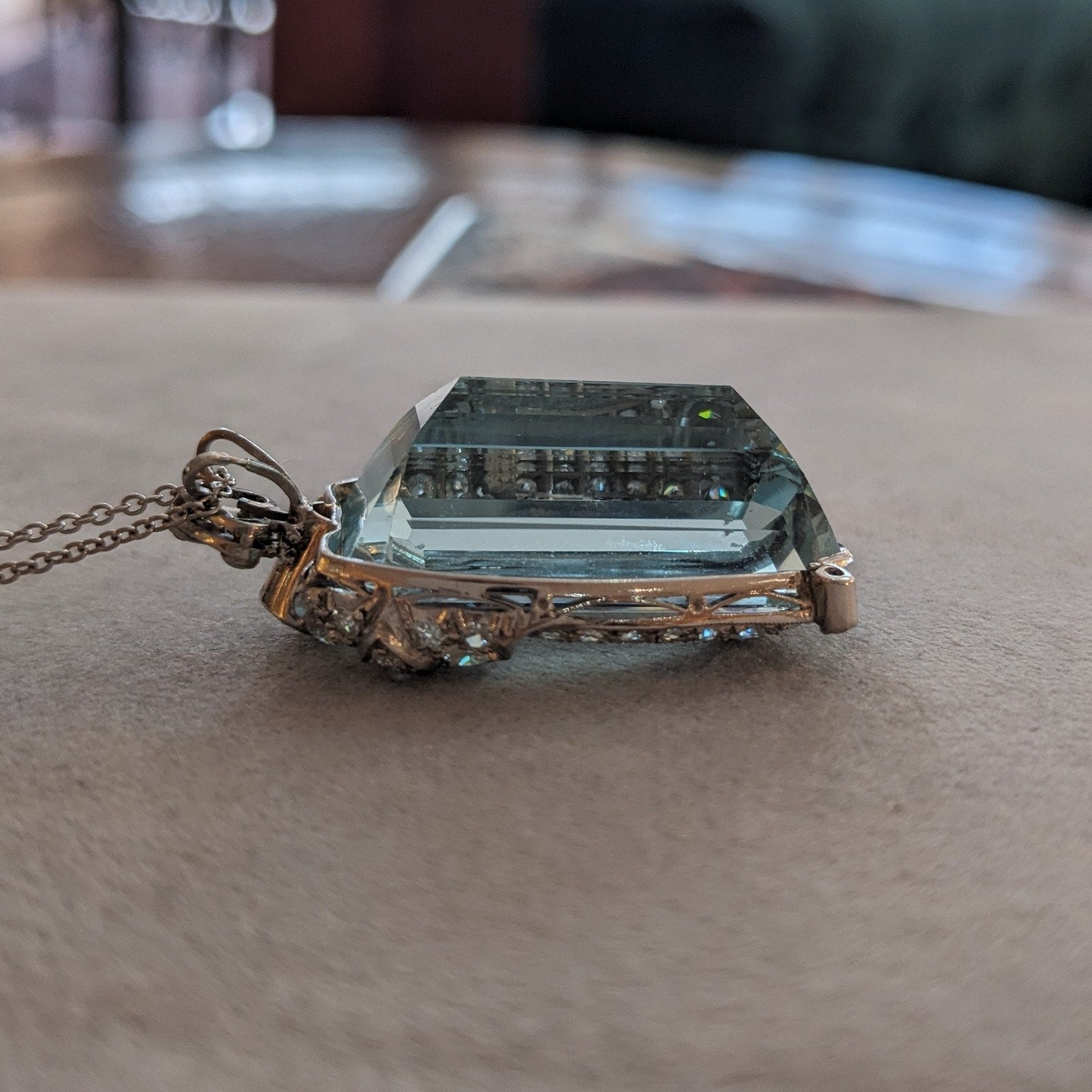 GIA 43 ct Aquamarine and Diamond Vintage Pendant Necklace in Platinum