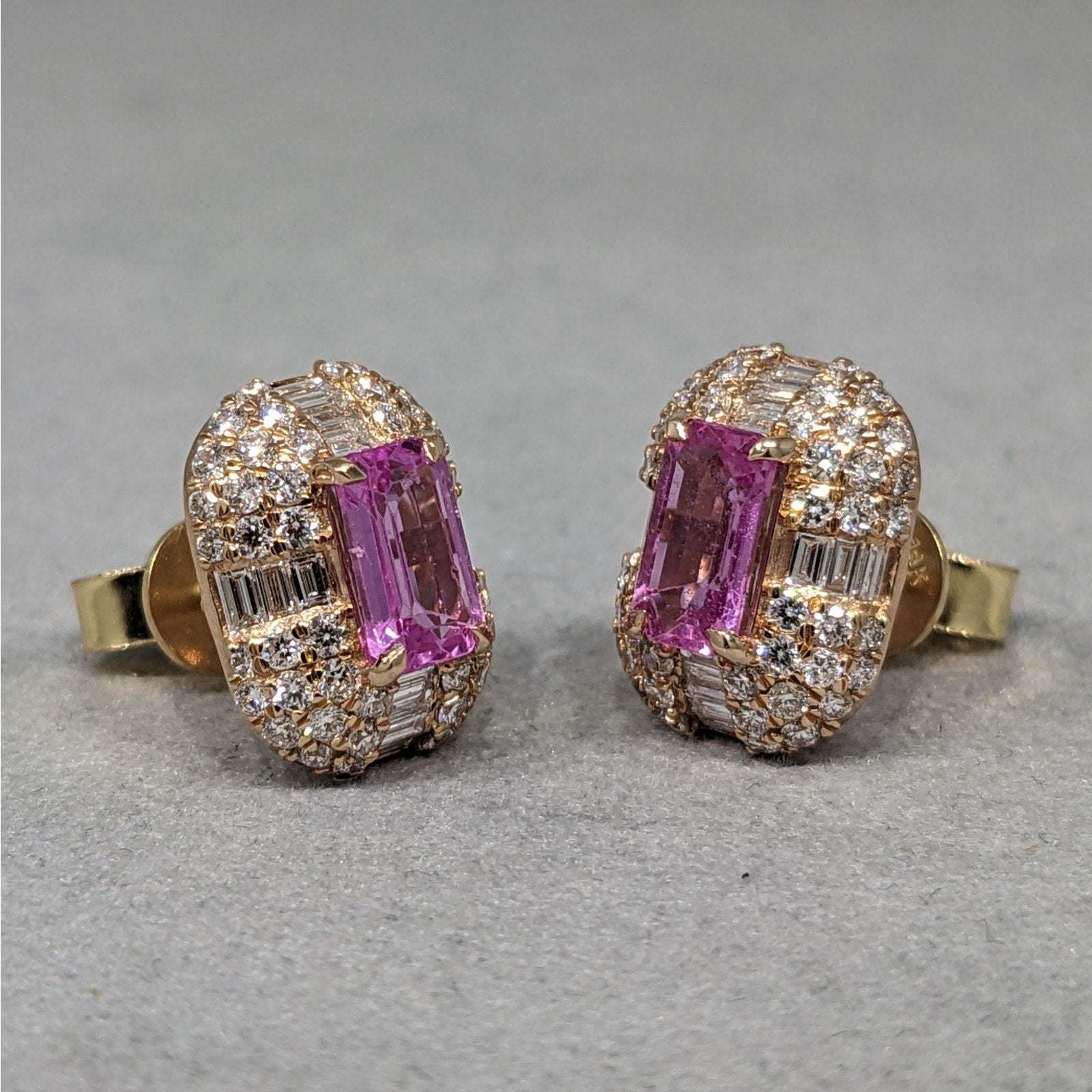 Natural Pink Sapphire & Diamond Earrings in 14k Rose & Yellow Gold
